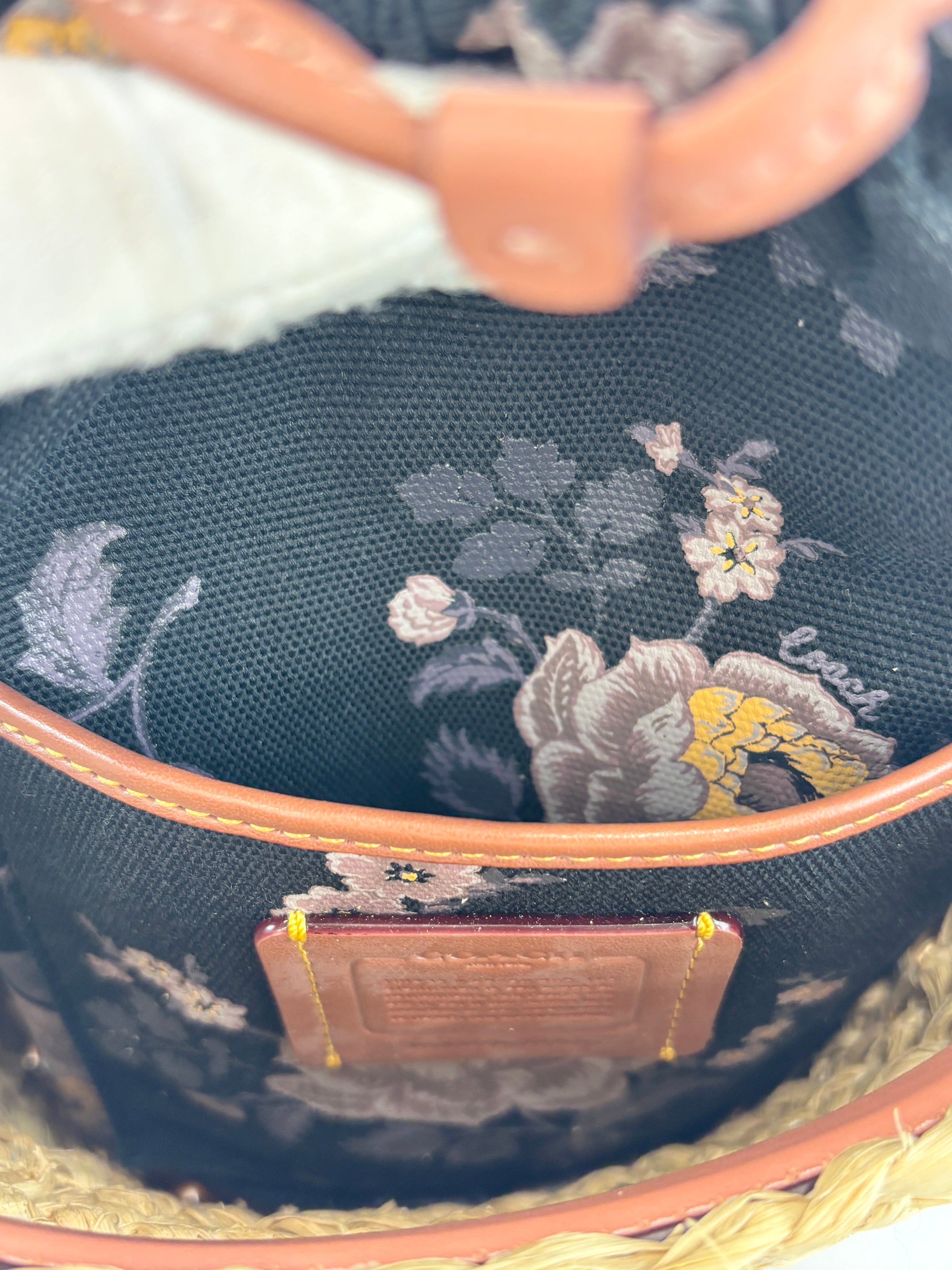 Bucket Straw Bag with Floral Print Interior