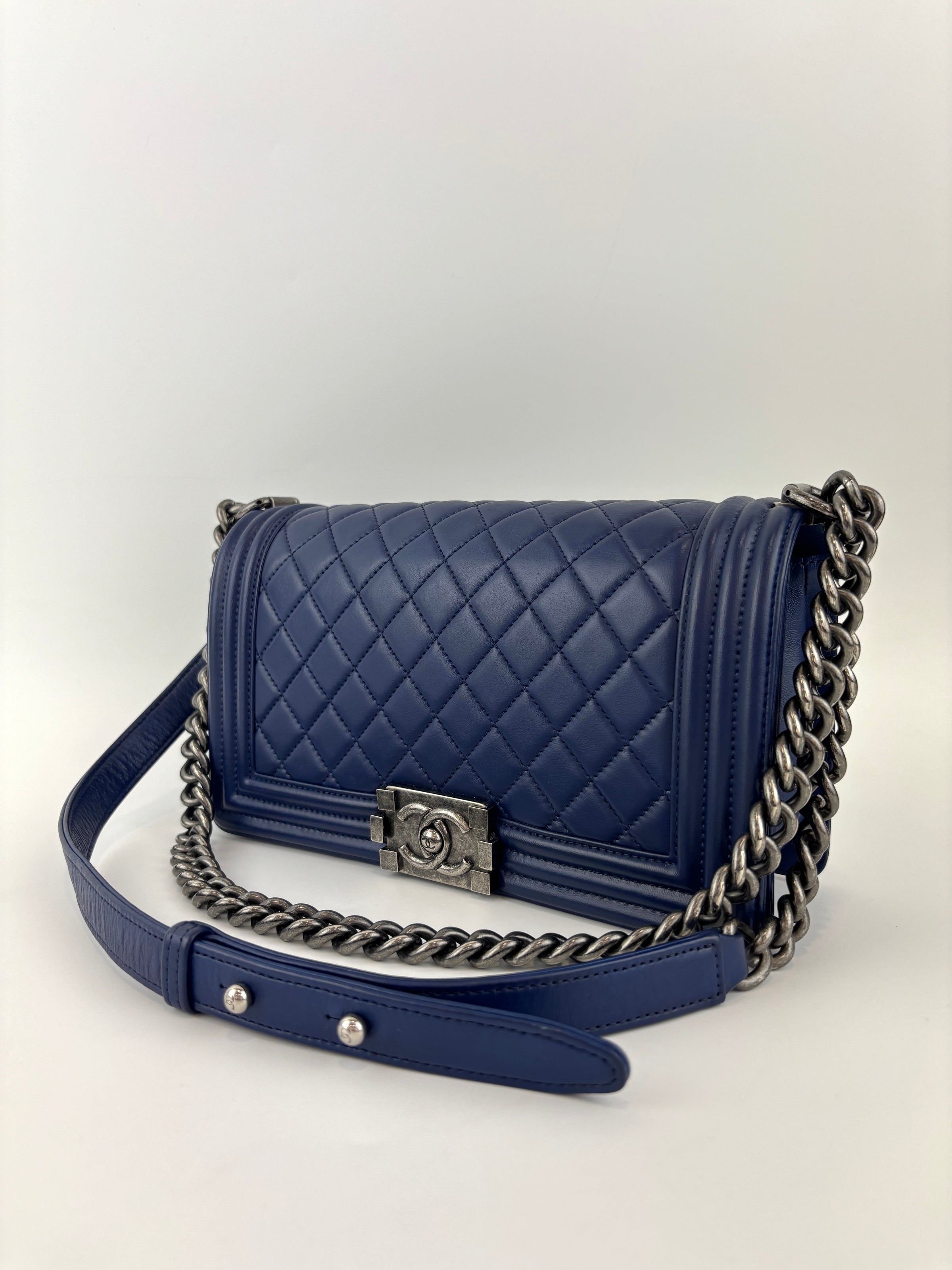 Old Medium Dark Blue Quilted Lambskin Boy Flap RHW