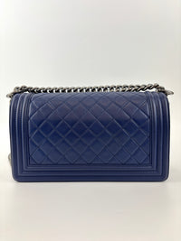 Old Medium Dark Blue Quilted Lambskin Boy Flap RHW