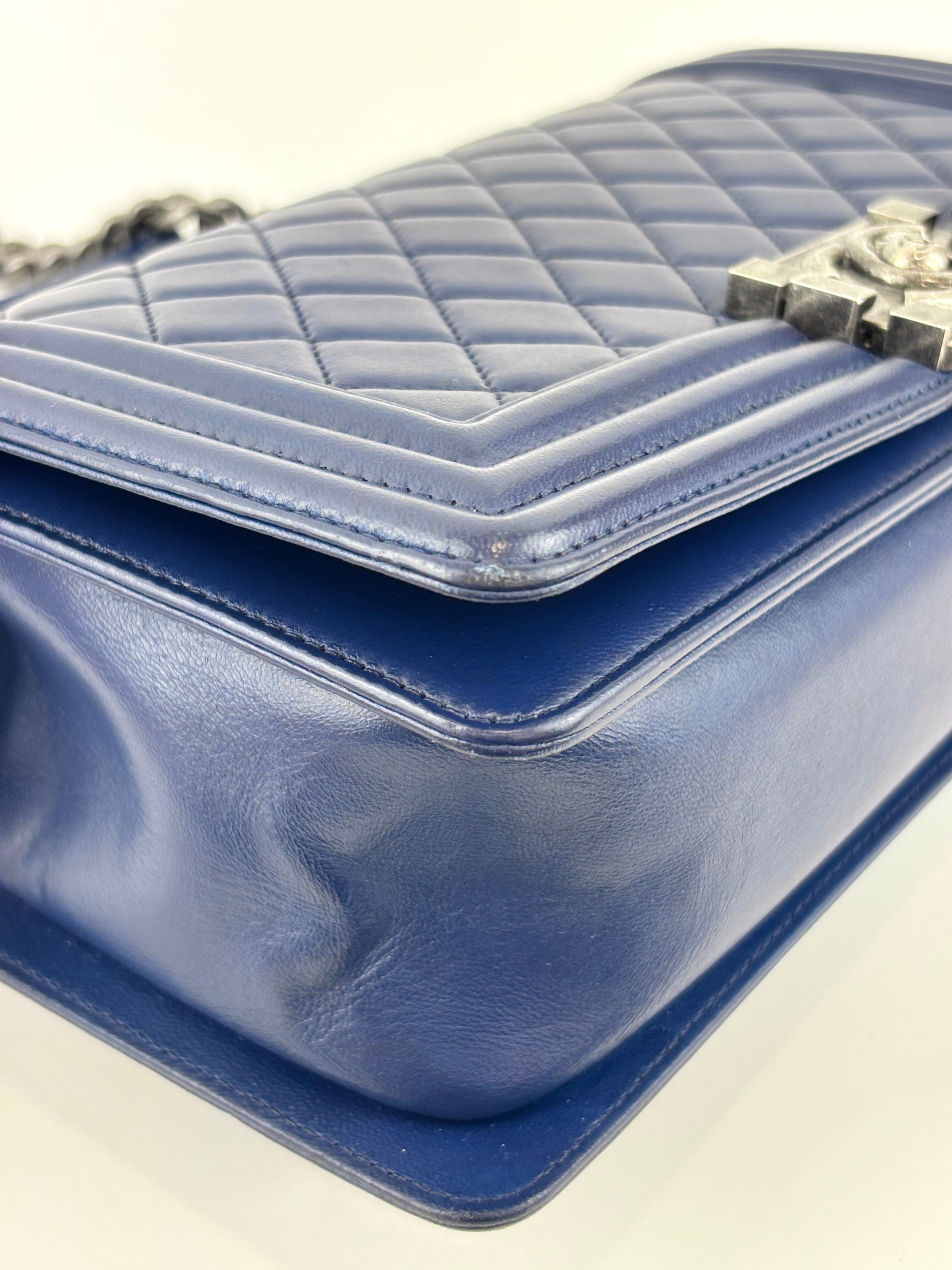 Old Medium Dark Blue Quilted Lambskin Boy Flap RHW