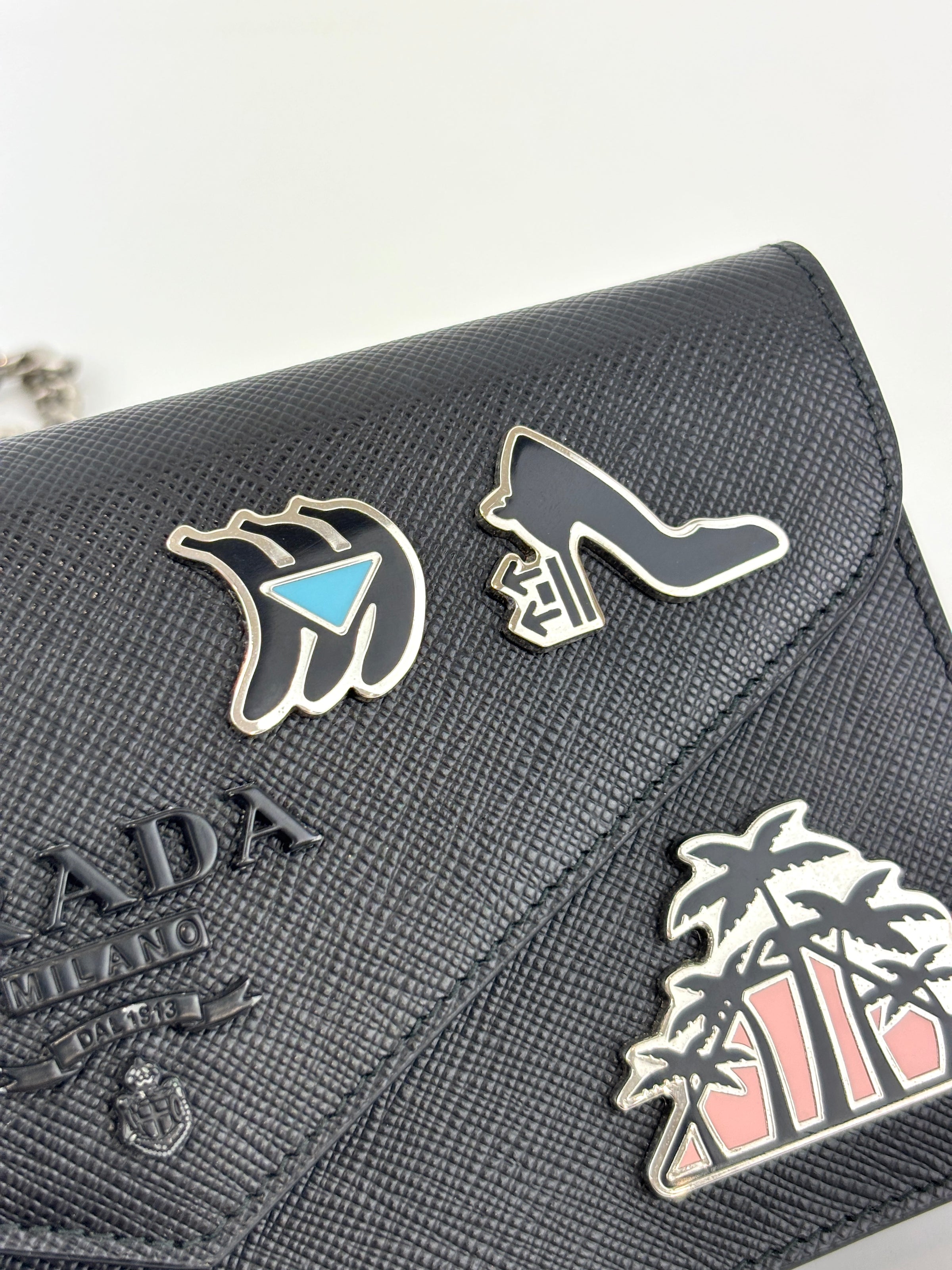 1DH004 Monochrome Embellished Saffiano Leather Wallet On Chain - Glampot