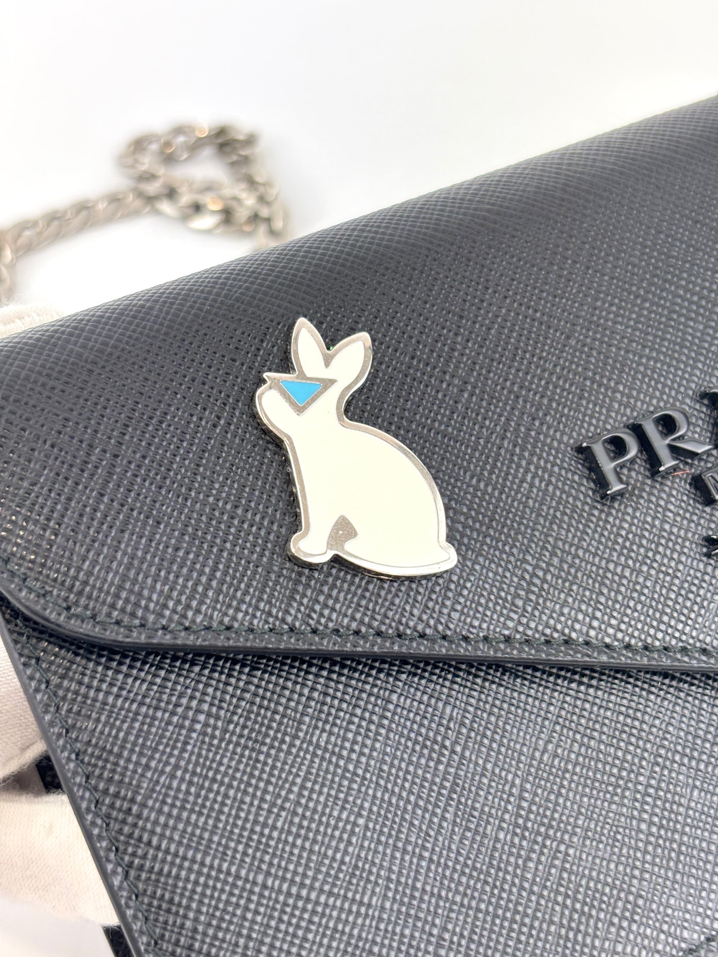 1DH004 Monochrome Embellished Saffiano Leather Wallet On Chain - Glampot