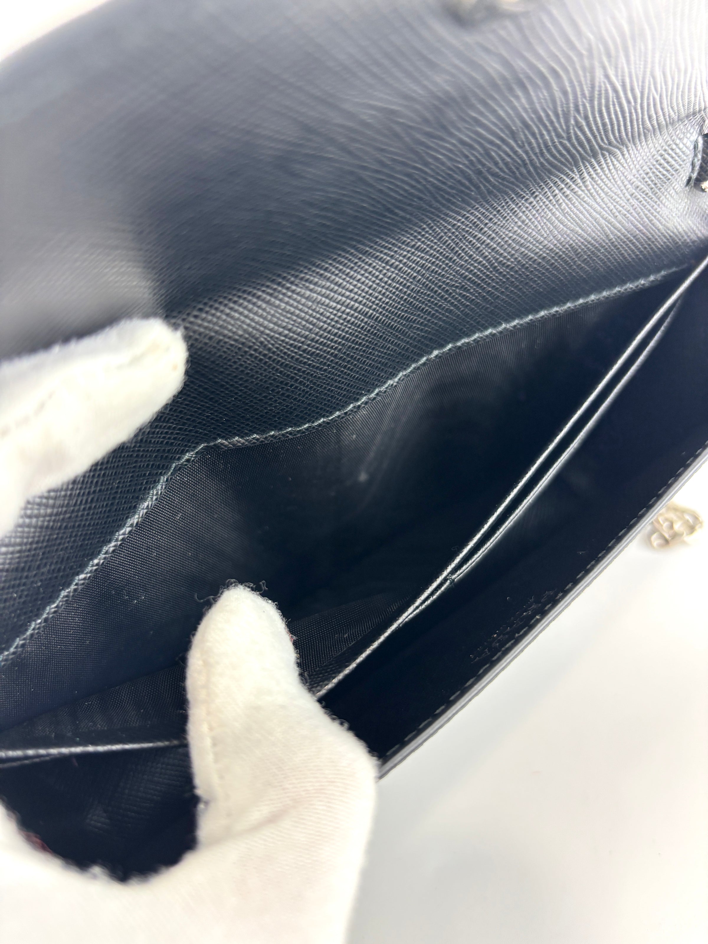 1DH004 Monochrome Embellished Saffiano Leather Wallet On Chain - Glampot