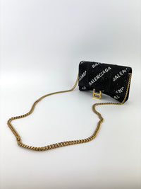 Hourglass Wallet On Chain Black Suede with Allover Logo Rhinestones GHW