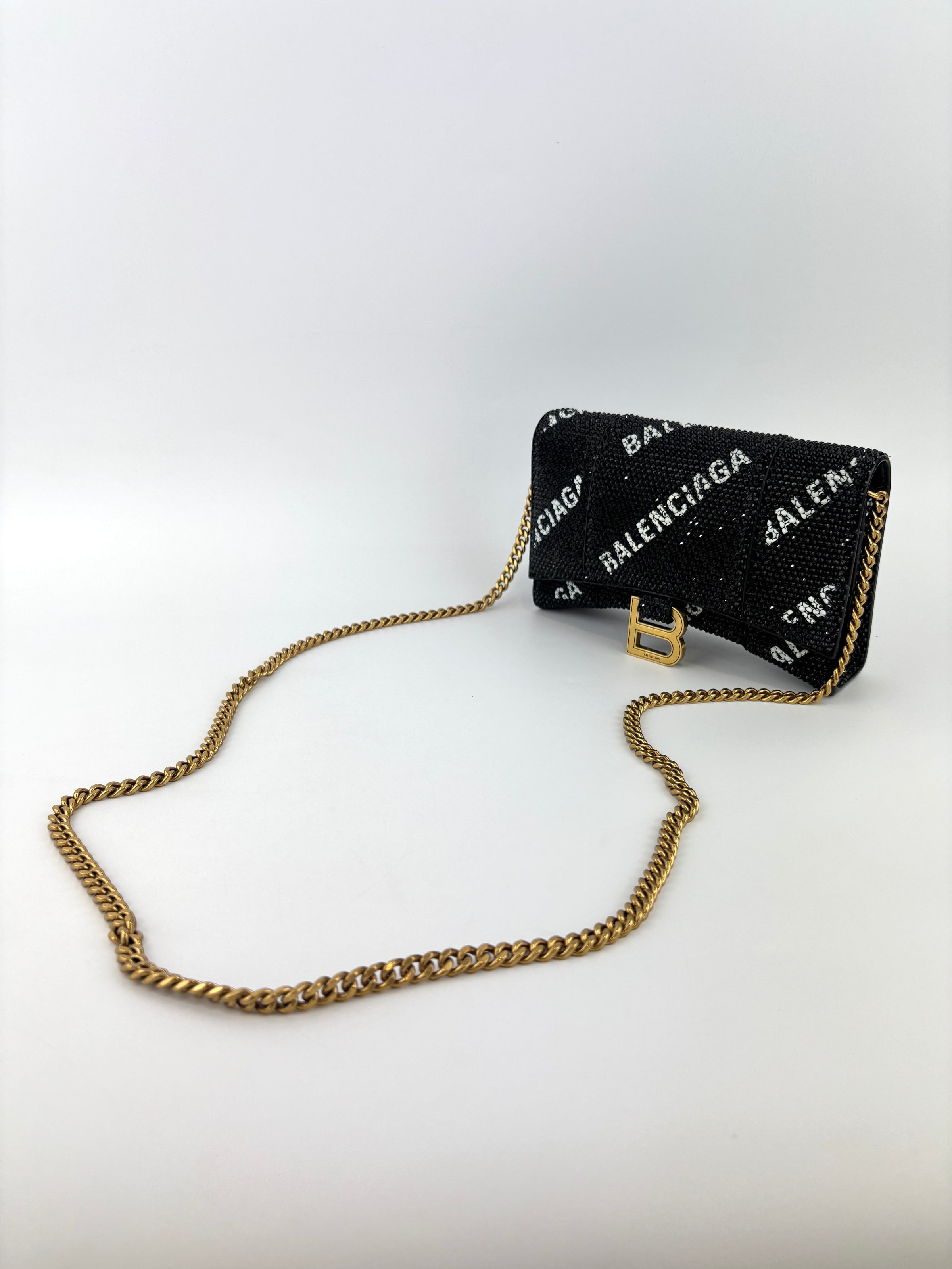 Hourglass Wallet On Chain Black Suede with Allover Logo Rhinestones GHW