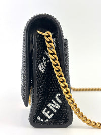 Hourglass Wallet On Chain Black Suede with Allover Logo Rhinestones GHW