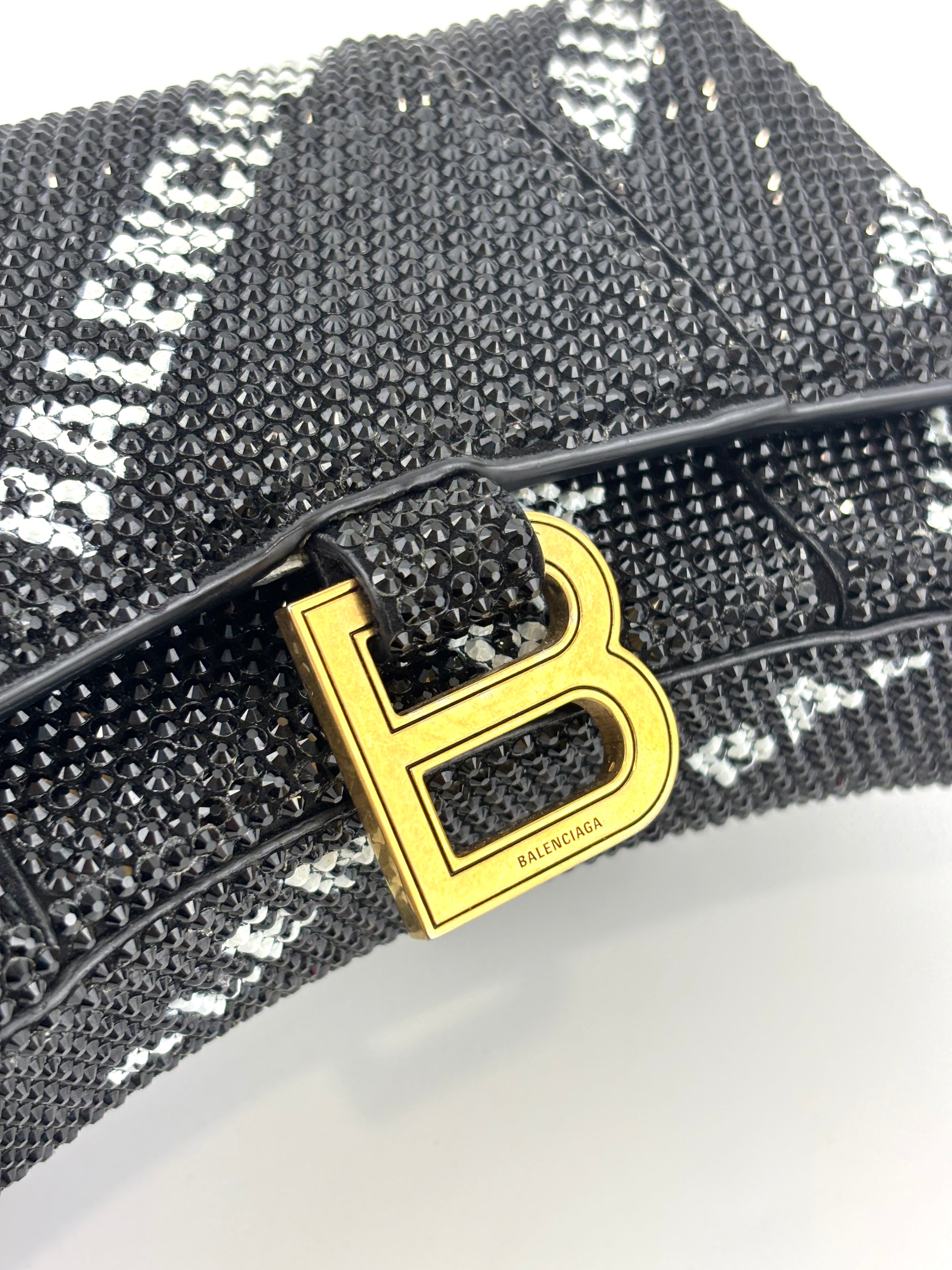 Hourglass Wallet On Chain Black Suede with Allover Logo Rhinestones GHW