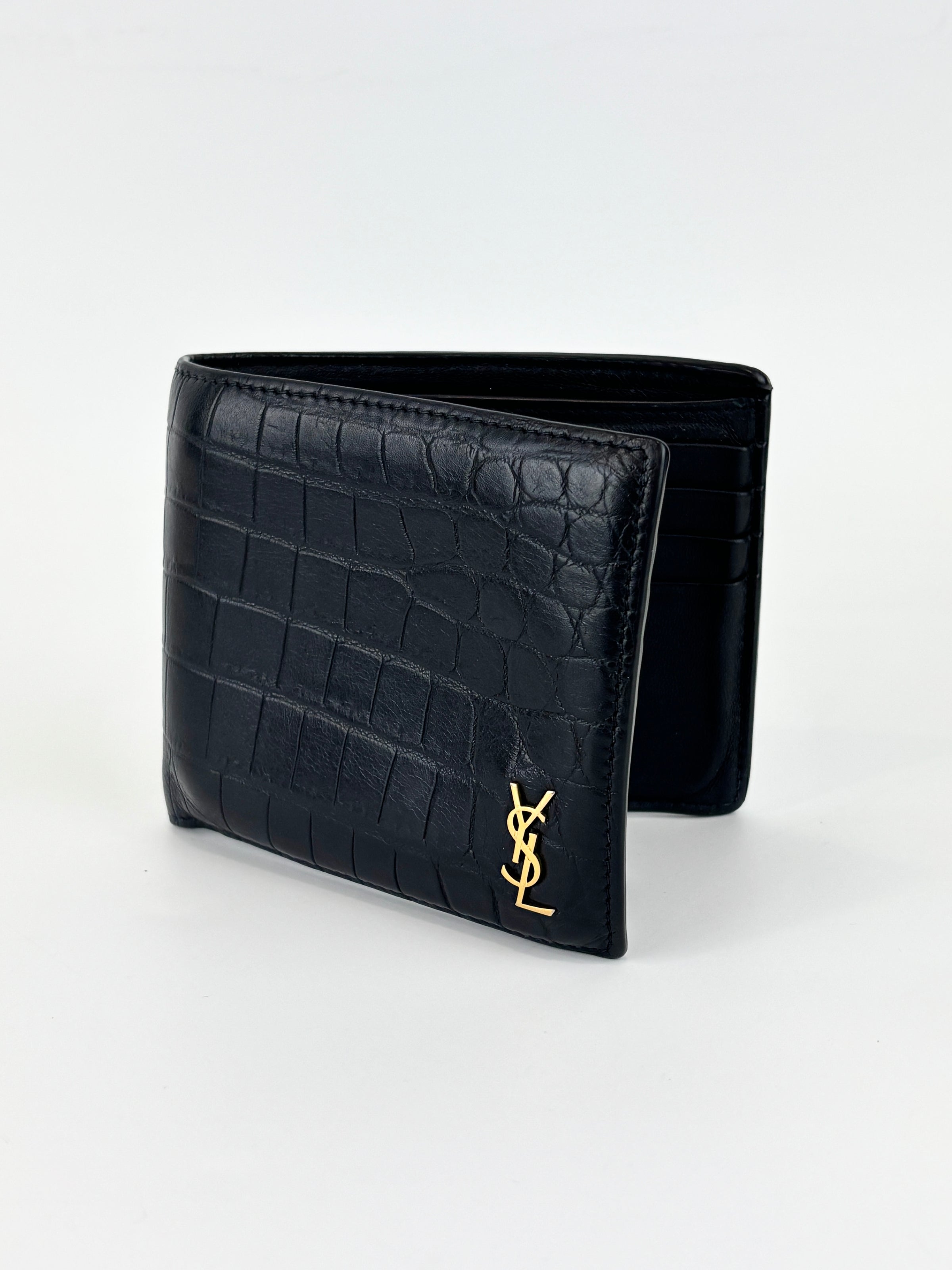 Black Croc Embossed Leather Bifold Wallet