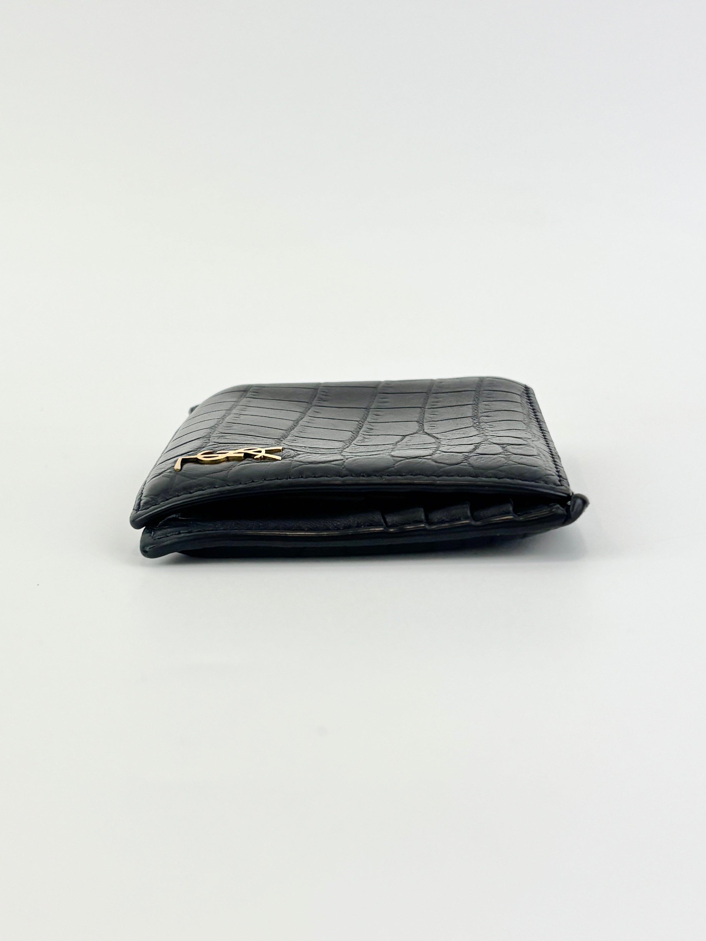 Black Croc Embossed Leather Bifold Wallet