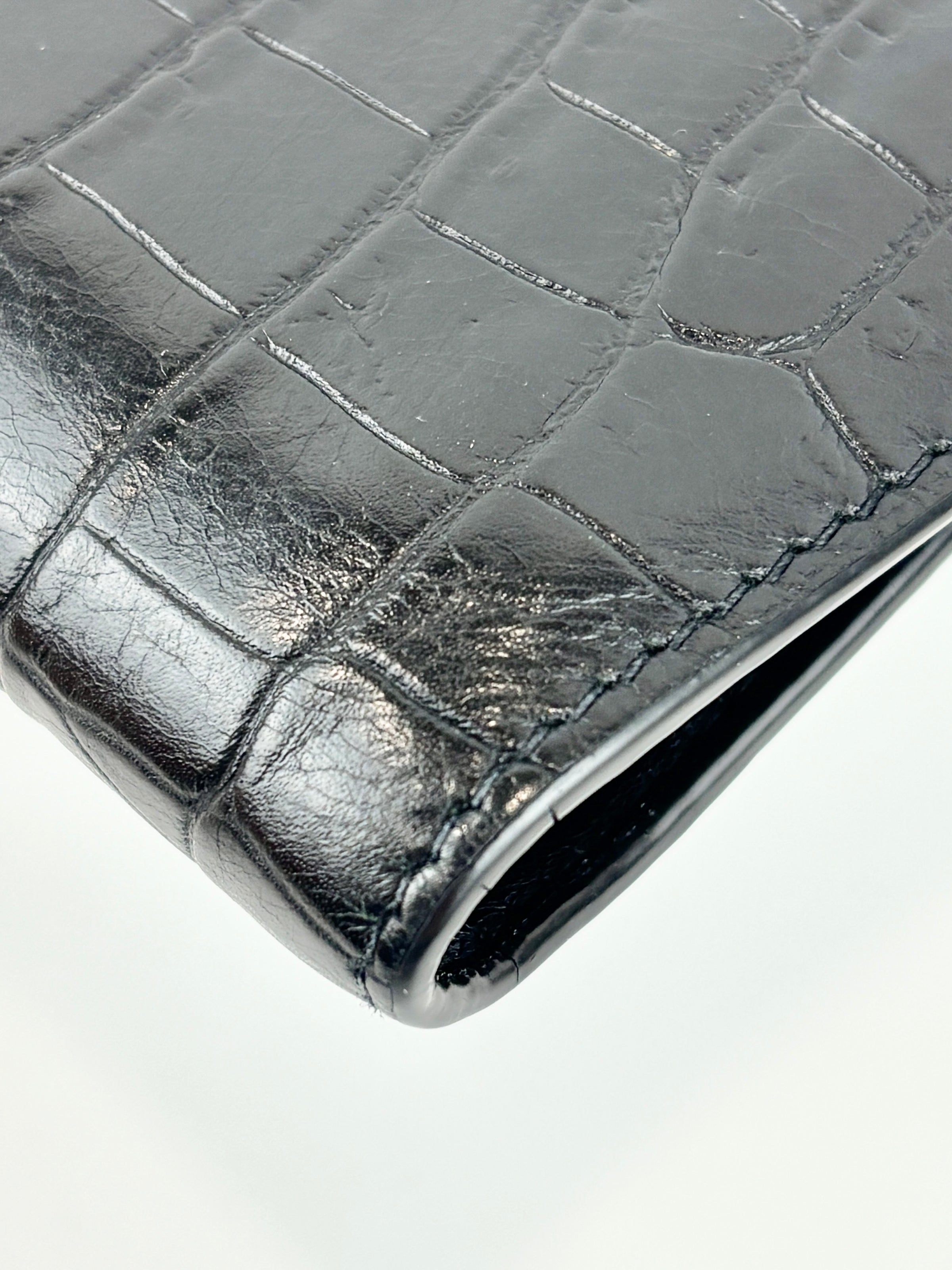 Black Croc Embossed Leather Bifold Wallet