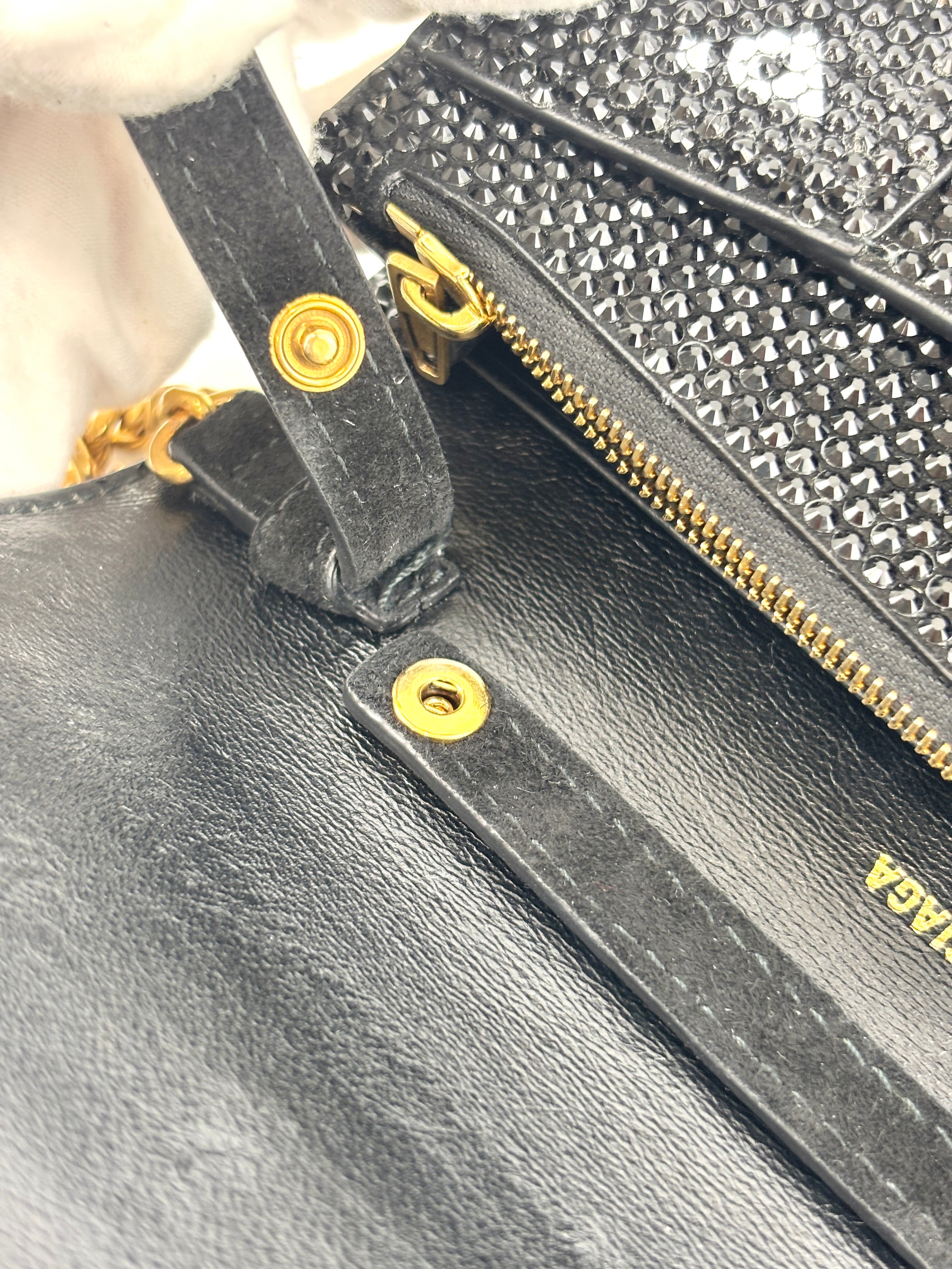Hourglass Wallet On Chain Black Suede with Allover Logo Rhinestones GHW