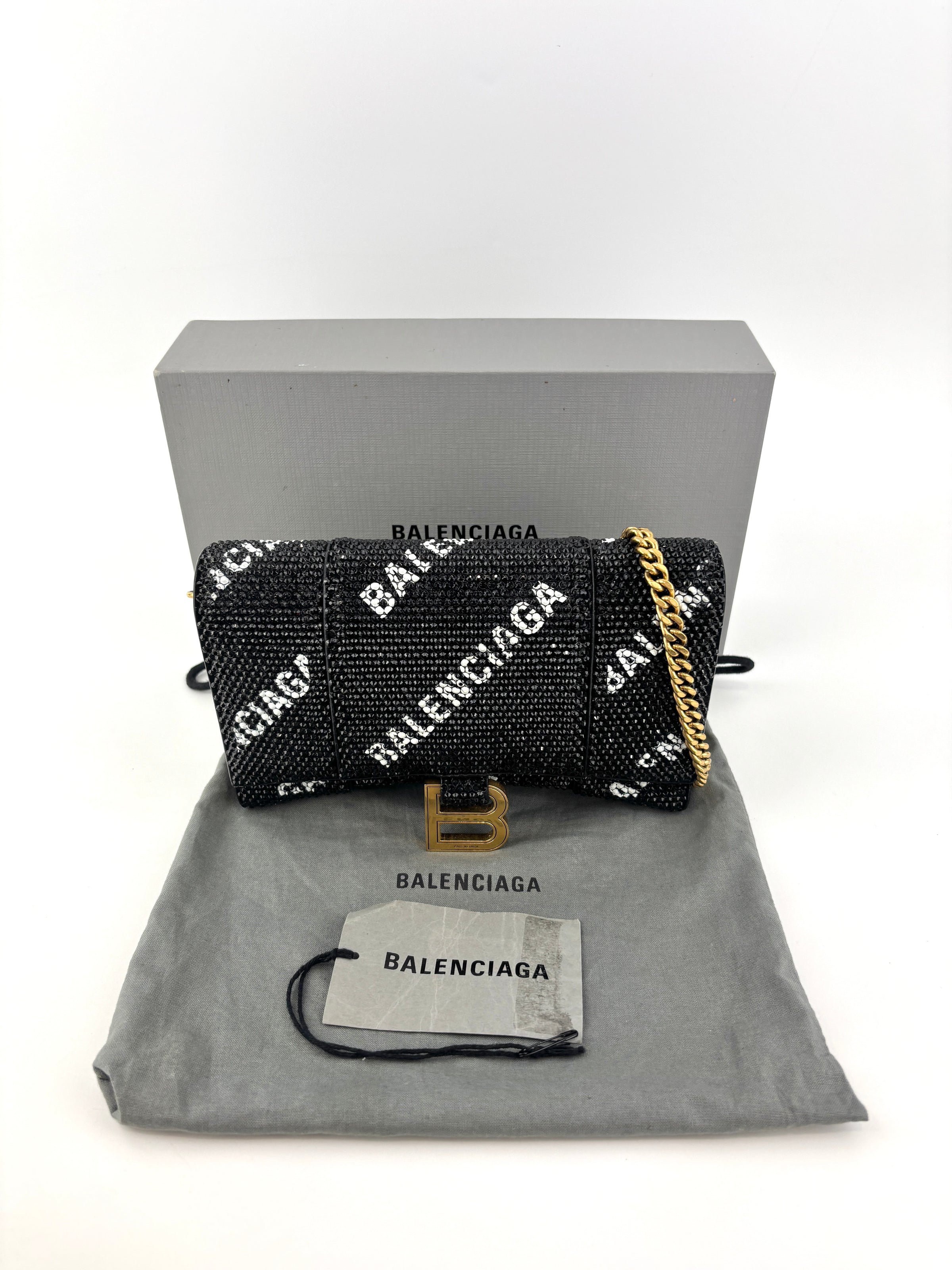 Hourglass Wallet On Chain Black Suede with Allover Logo Rhinestones GHW