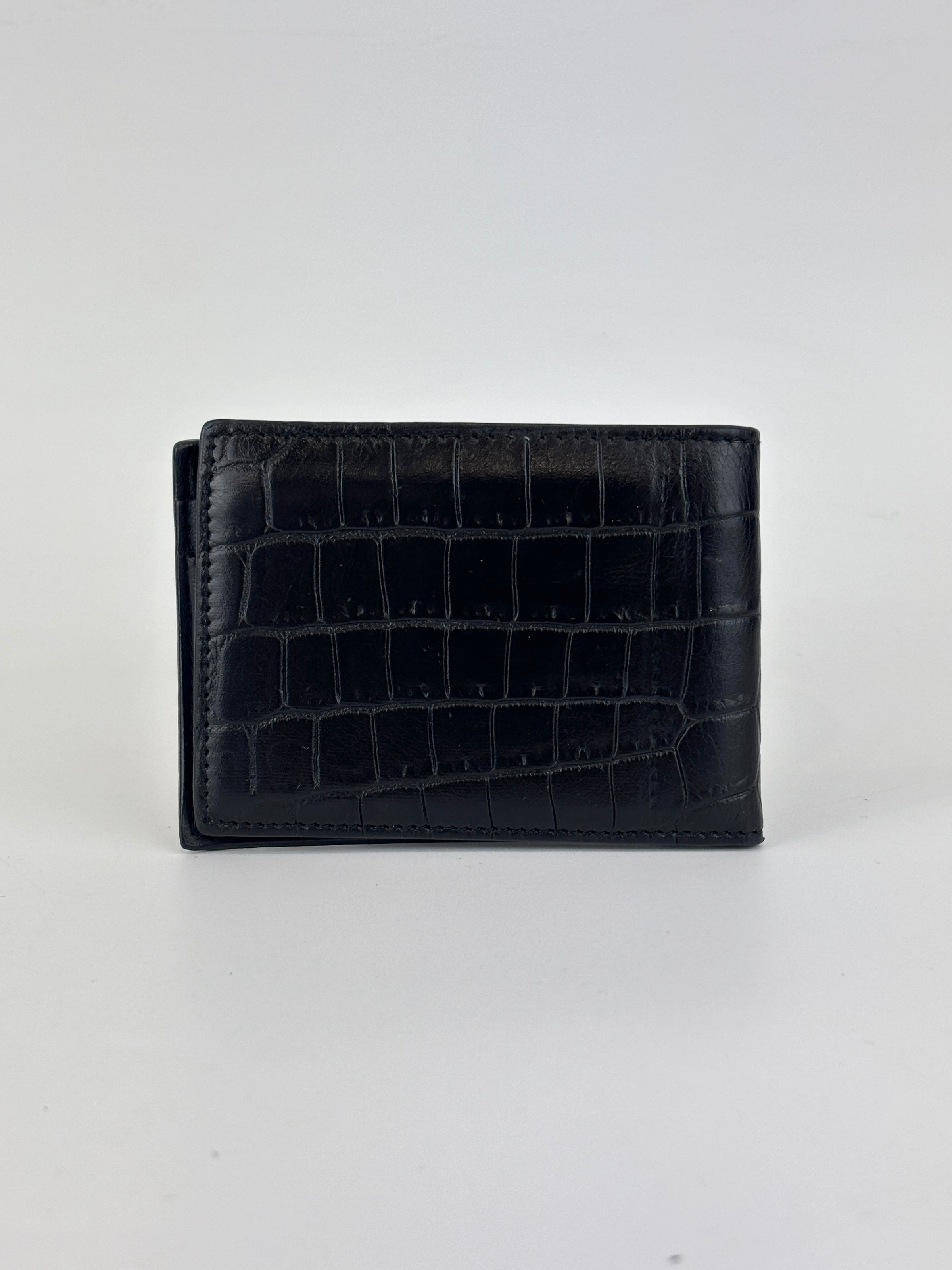 Black Croc Embossed Leather Bifold Card Holder