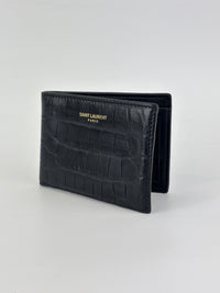 Black Croc Embossed Leather Bifold Card Holder