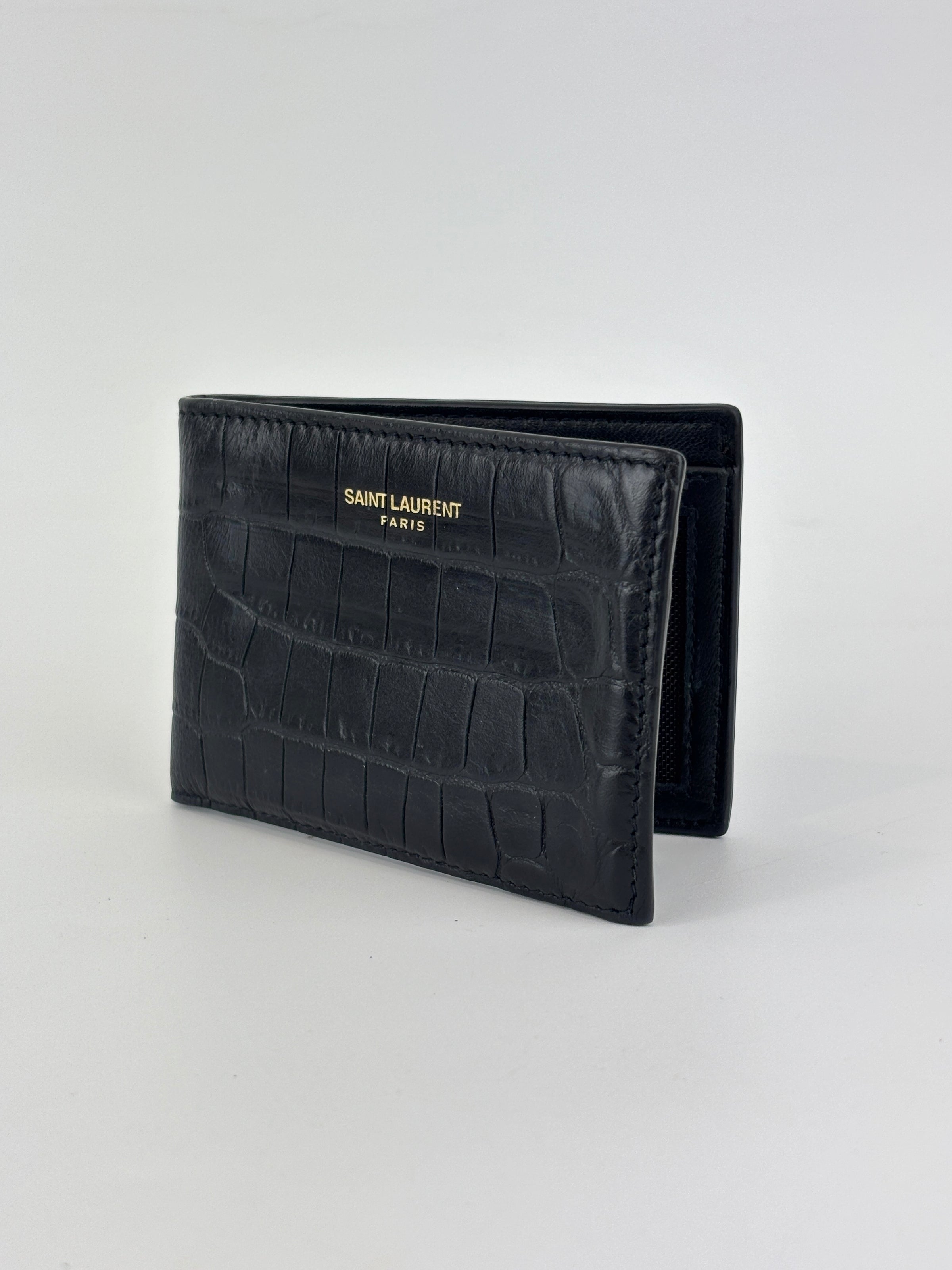 Black Croc Embossed Leather Bifold Card Holder