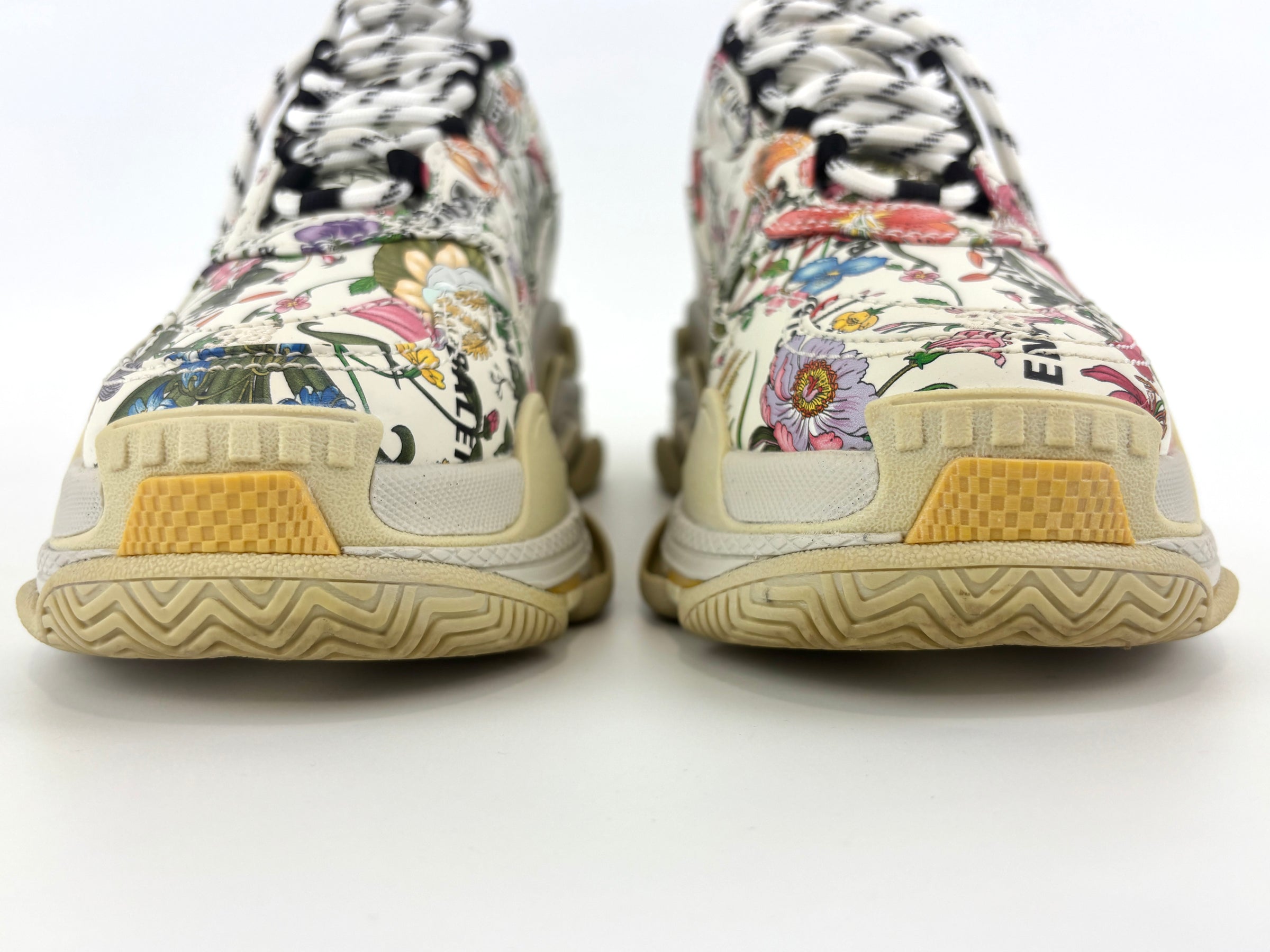 x Balenciaga Cream Floral Print Leather The Hacker Project Triple S Sneakers