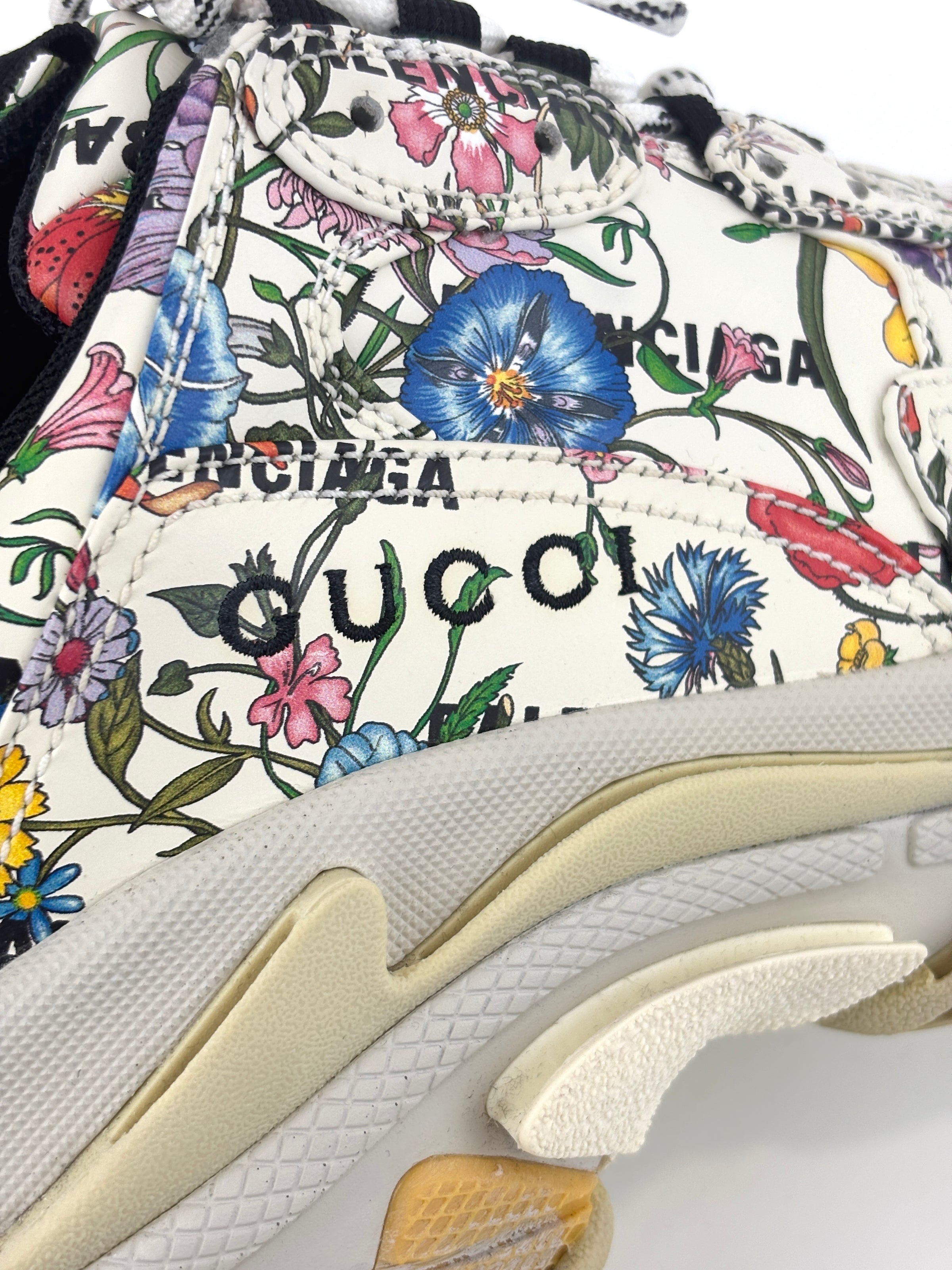 x Balenciaga Cream Floral Print Leather The Hacker Project Triple S Sneakers
