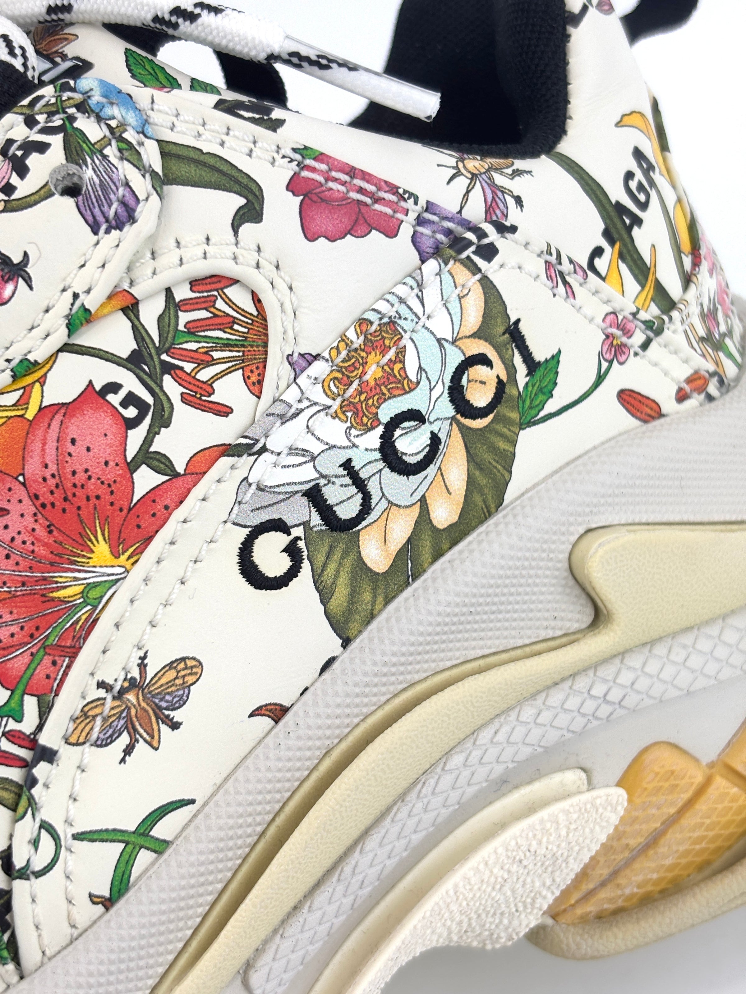 x Balenciaga Cream Floral Print Leather The Hacker Project Triple S Sneakers