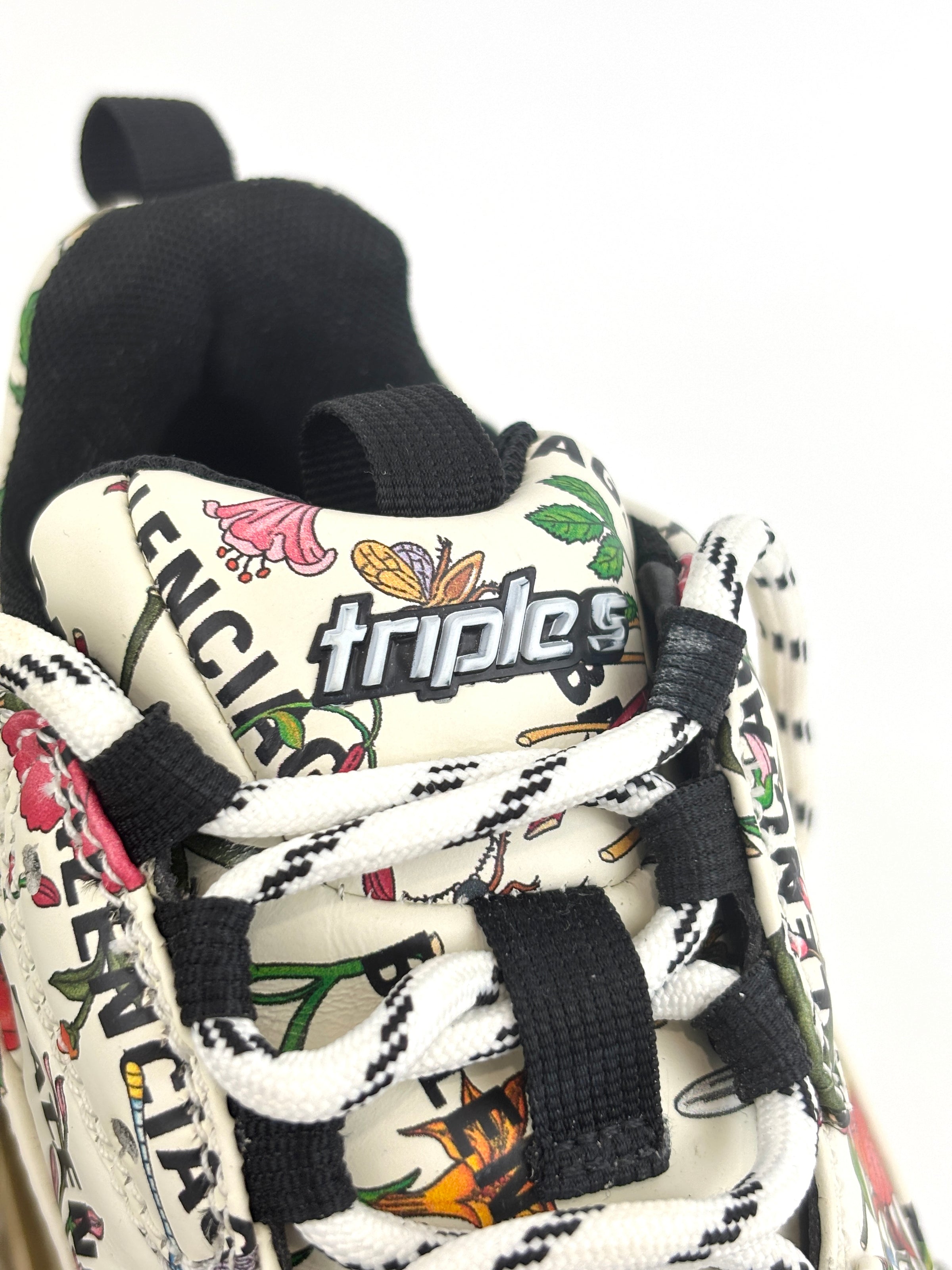 x Balenciaga Cream Floral Print Leather The Hacker Project Triple S Sneakers