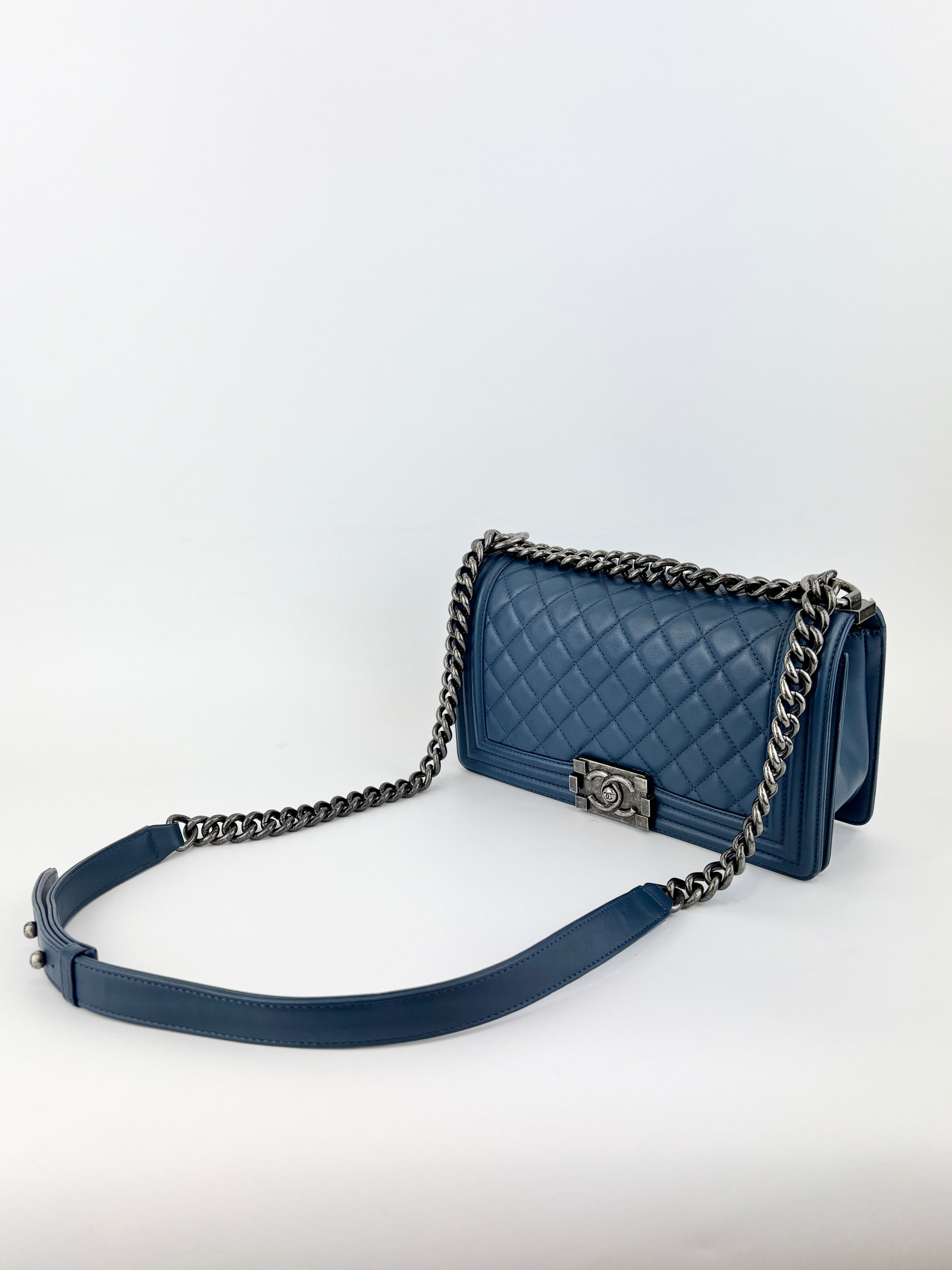 Chanel Old Medium Boy in Blue Quilted Lambskin