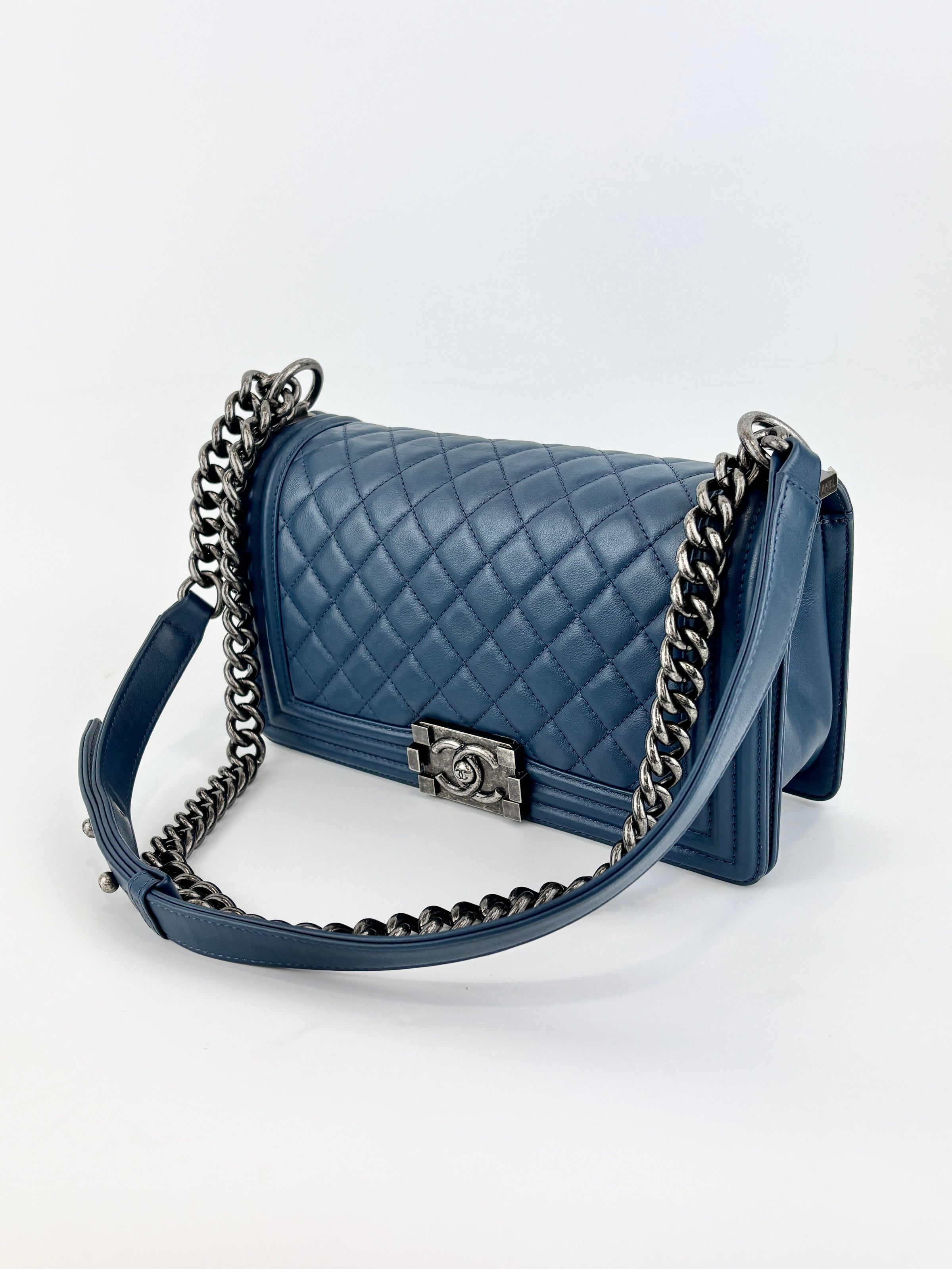 Chanel Old Medium Boy in Blue Quilted Lambskin