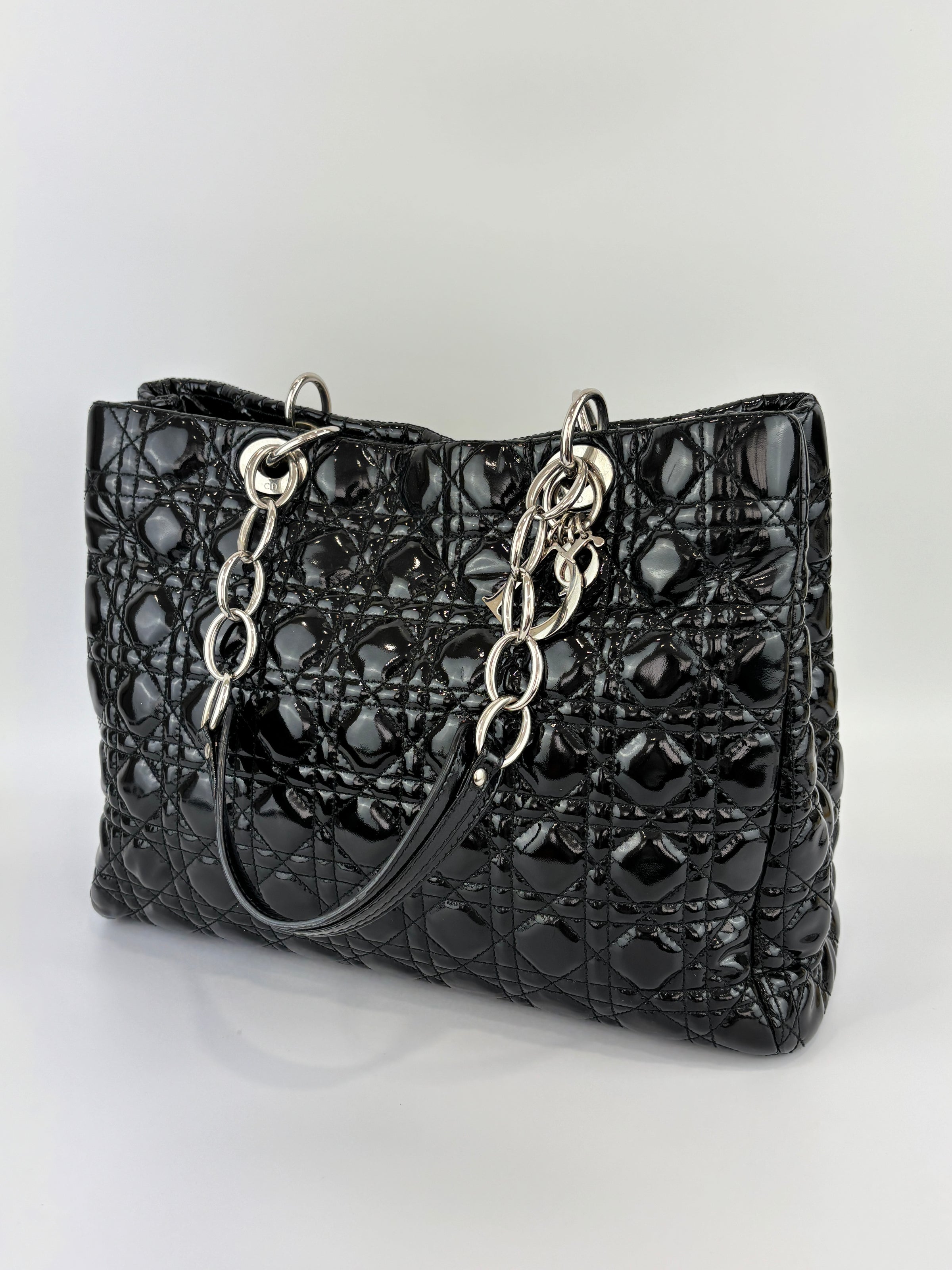 Large Patent Cannage Lady Dior Soft Shopping Tote Black SHW