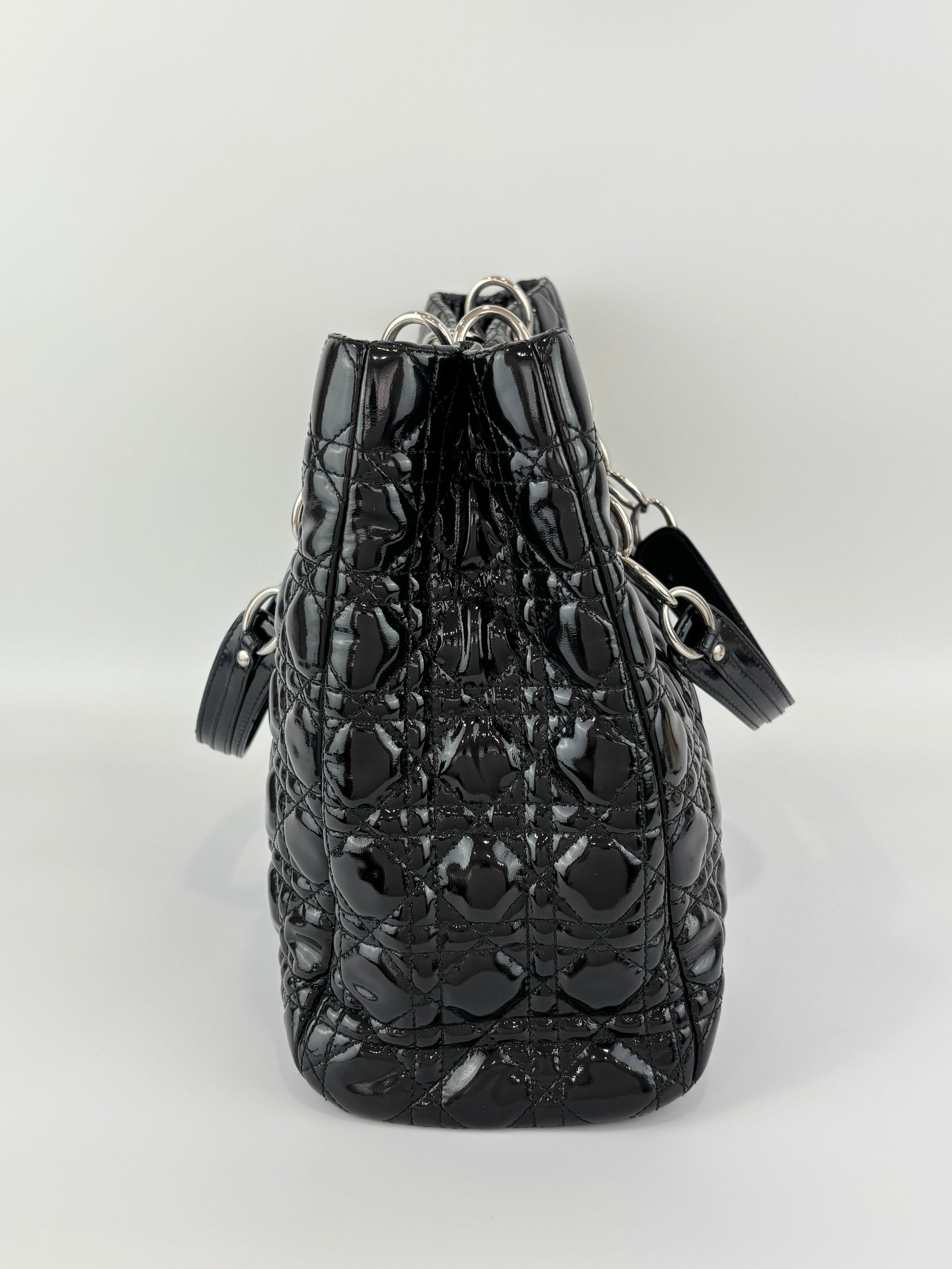 Large Patent Cannage Lady Dior Soft Shopping Tote Black SHW