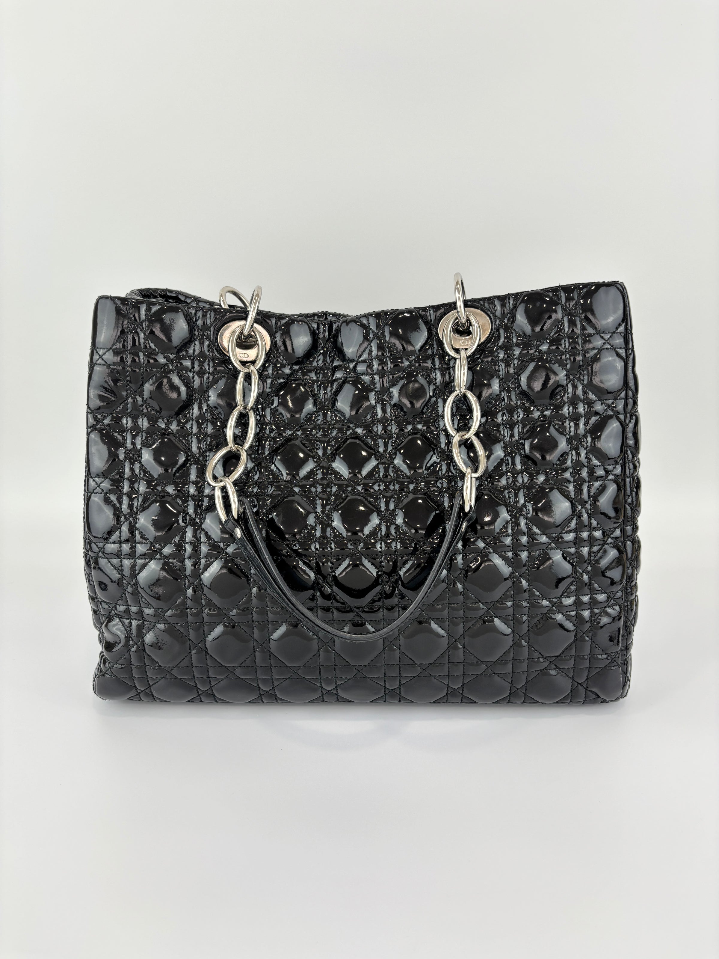 Large Patent Cannage Lady Dior Soft Shopping Tote Black SHW
