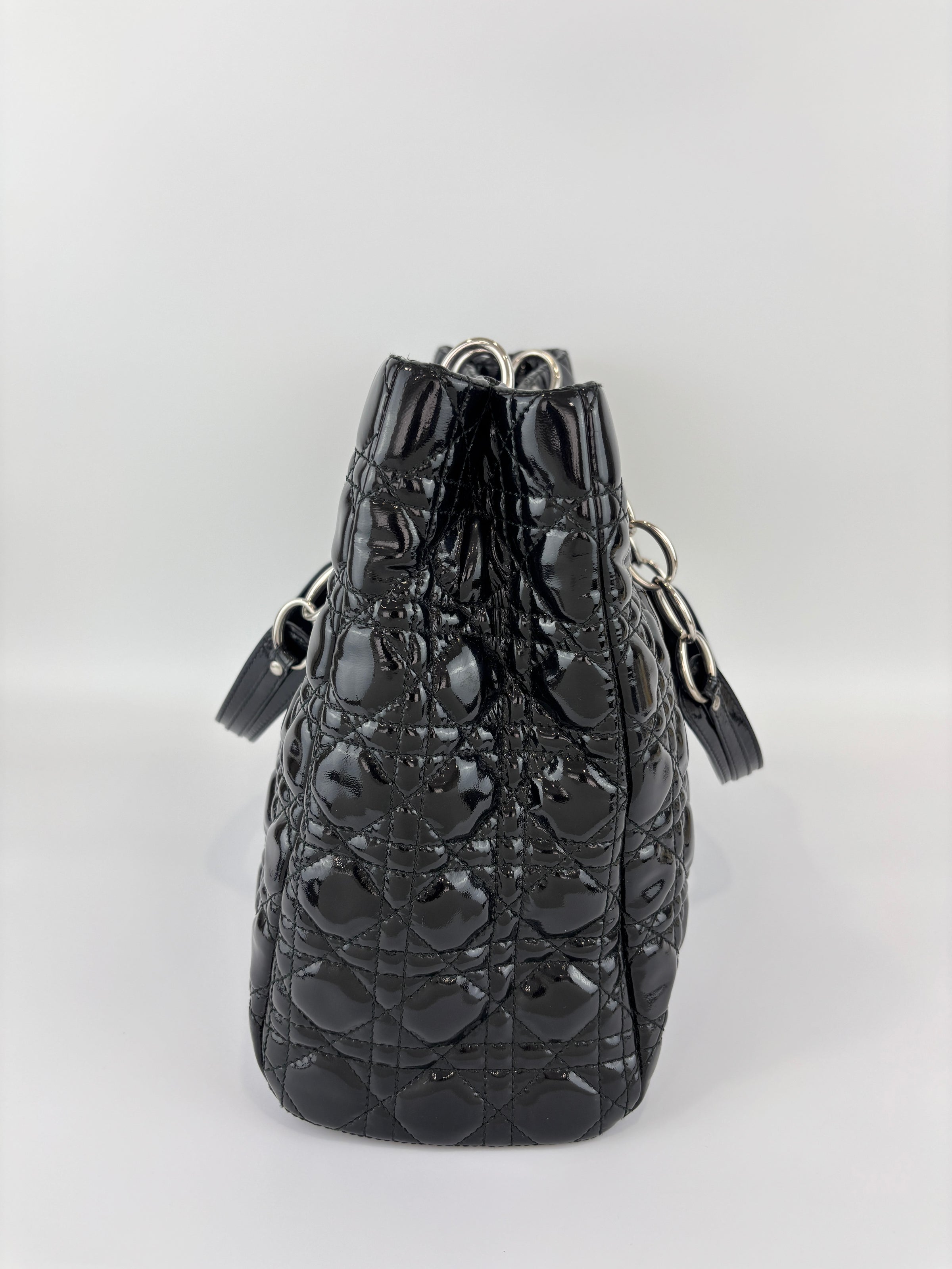 Large Patent Cannage Lady Dior Soft Shopping Tote Black SHW