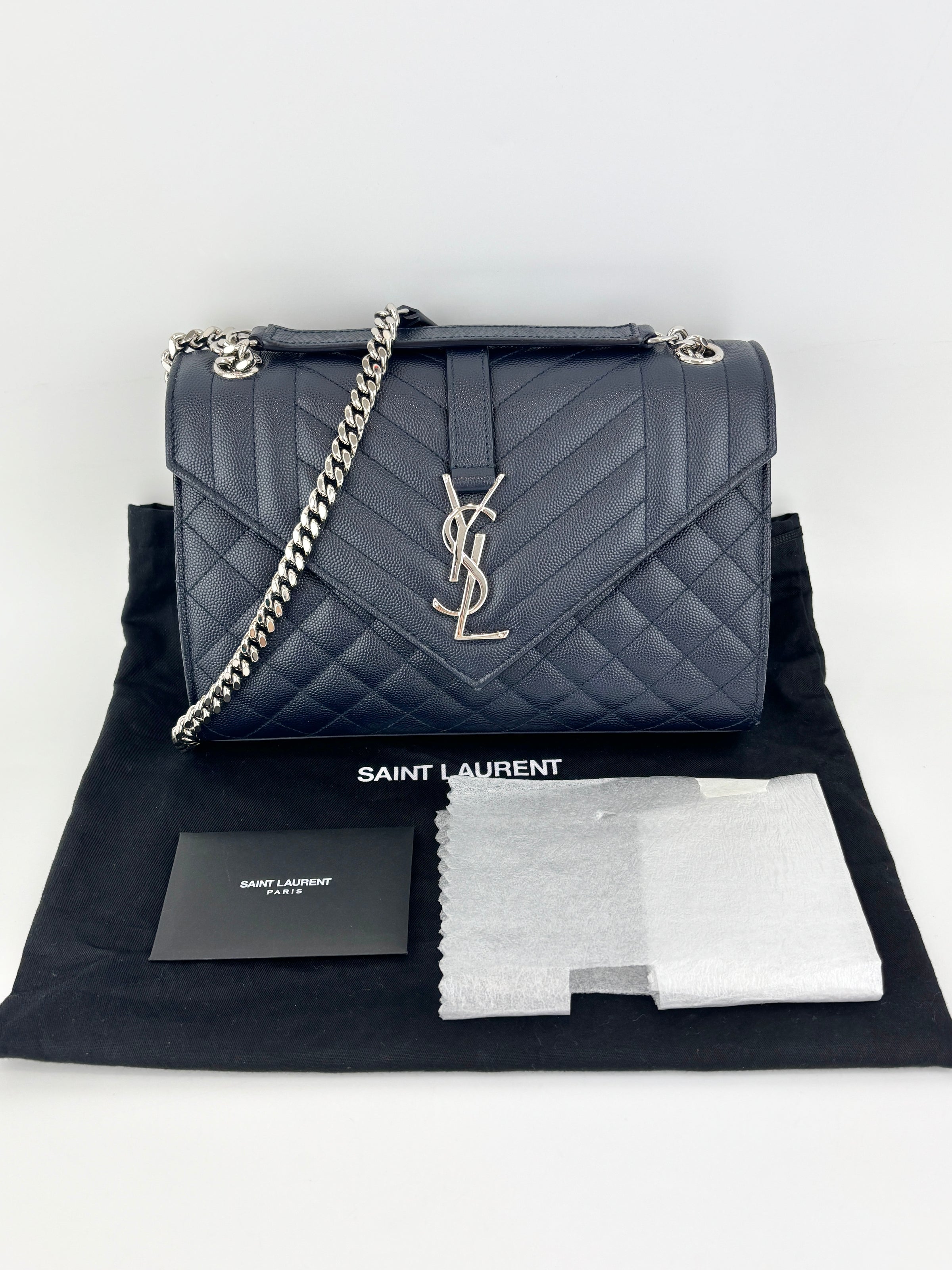 Saint Laurent Medium Envelope Bag in Navy Grain De Poudre SHW