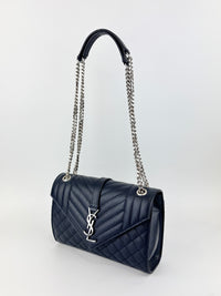 Saint Laurent Medium Envelope Bag in Navy Grain De Poudre SHW