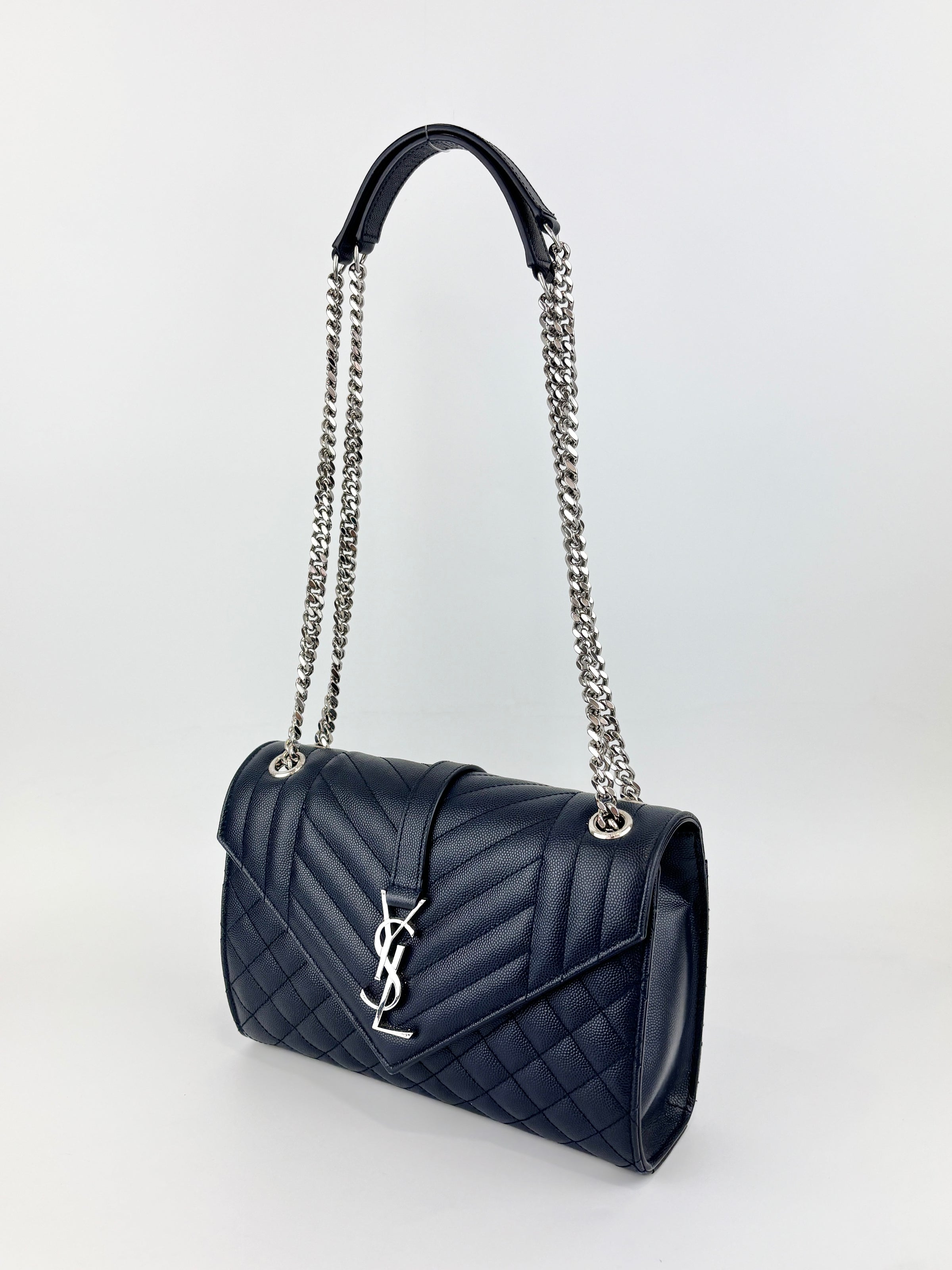 Saint Laurent Medium Envelope Bag in Navy Grain De Poudre SHW