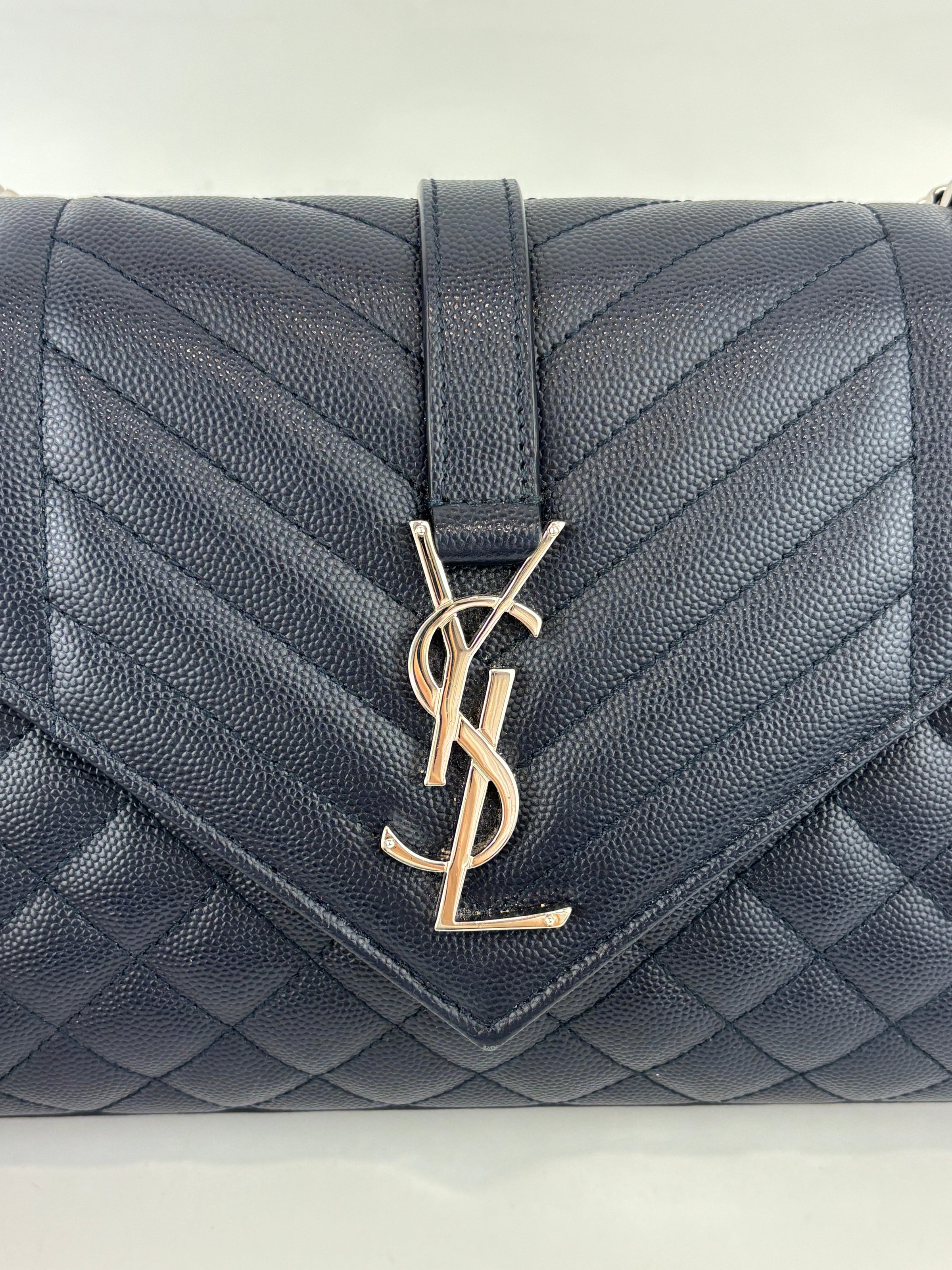 Saint Laurent Medium Envelope Bag in Navy Grain De Poudre SHW