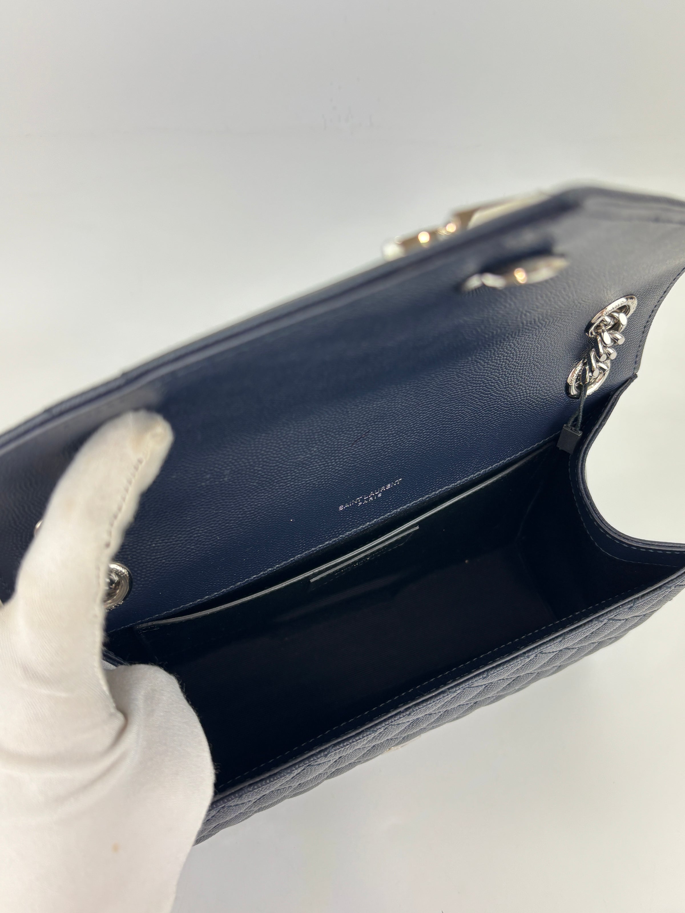 Saint Laurent Medium Envelope Bag in Navy Grain De Poudre SHW