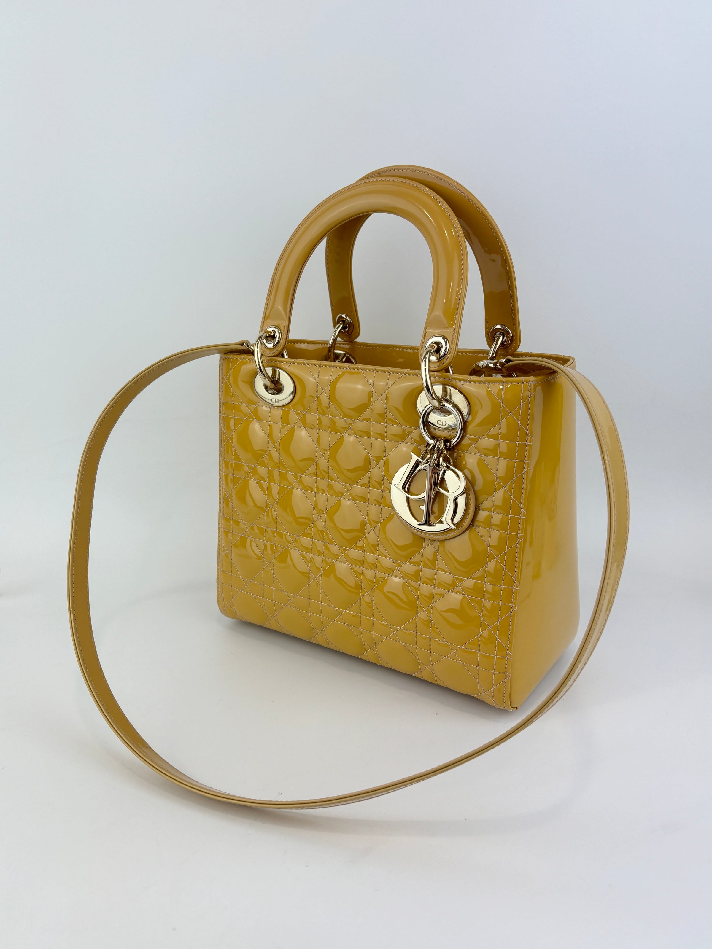 Dior Medium Lady Dior Patent Yellow GHW
