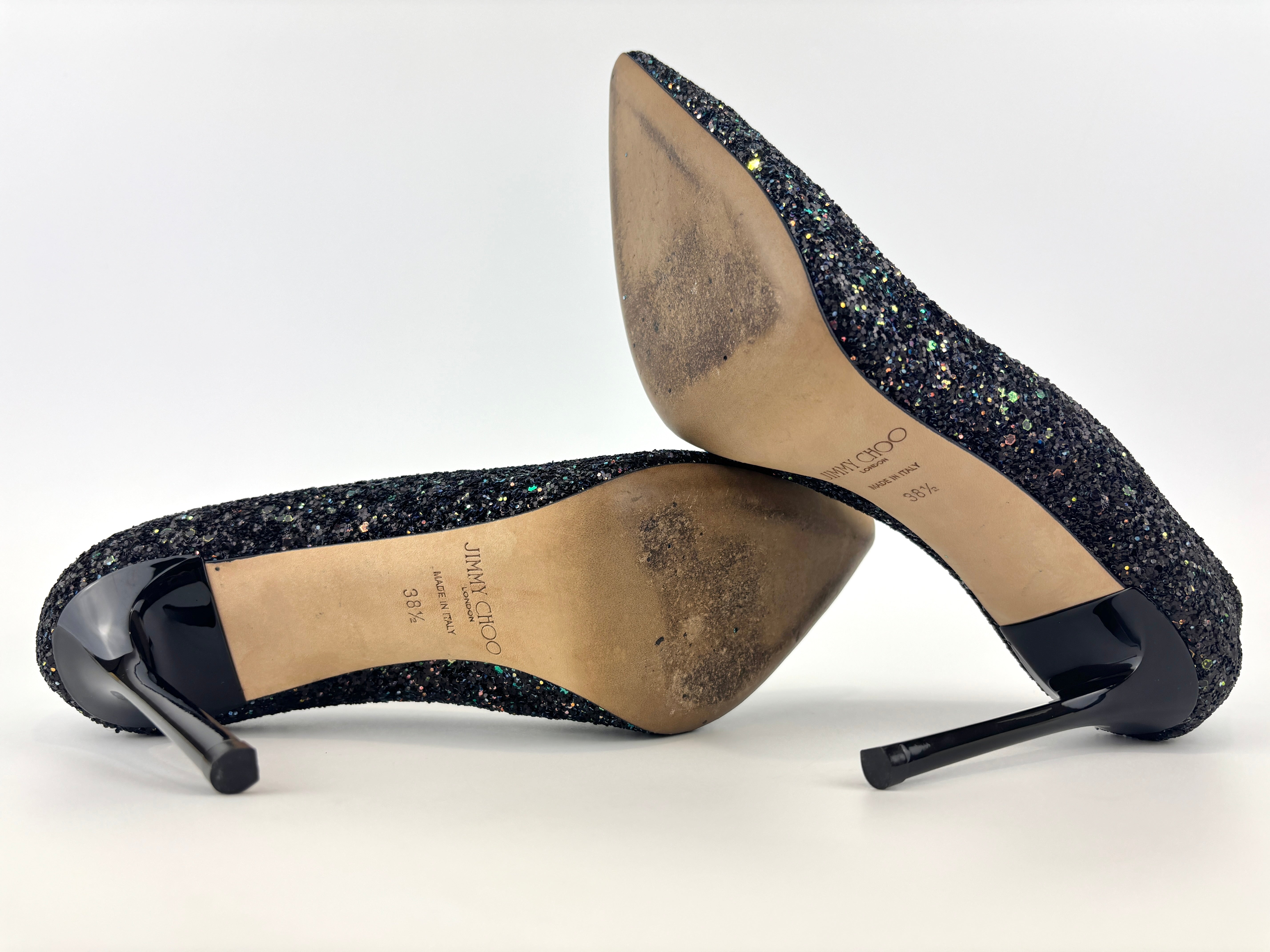 Jimmy Choo Romy 100 Rainbow Glitter Black Heels Size 38.5 – Glampot