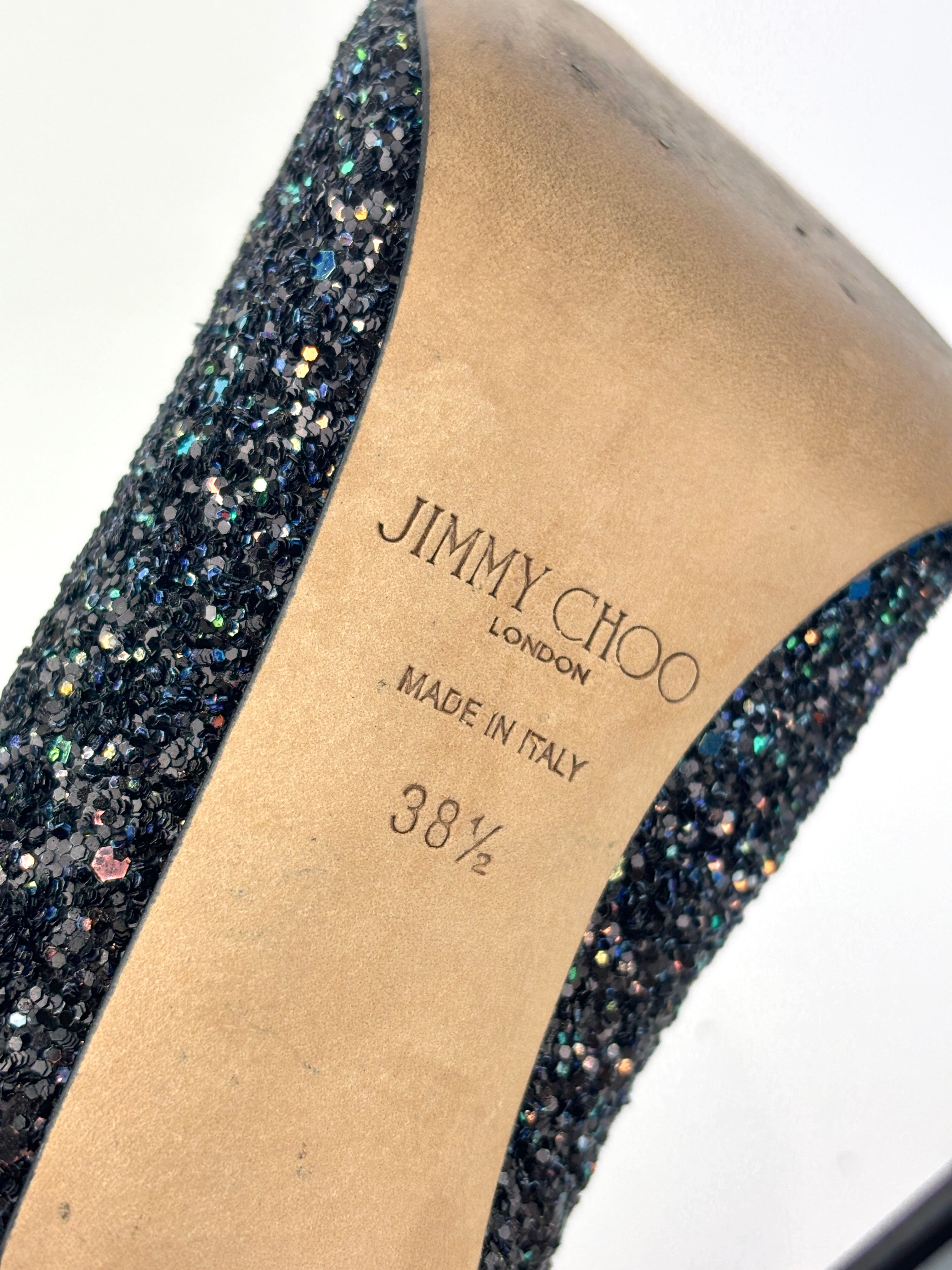 Jimmy Choo Romy 100 Rainbow Glitter Black Heels Size 38.5 – Glampot