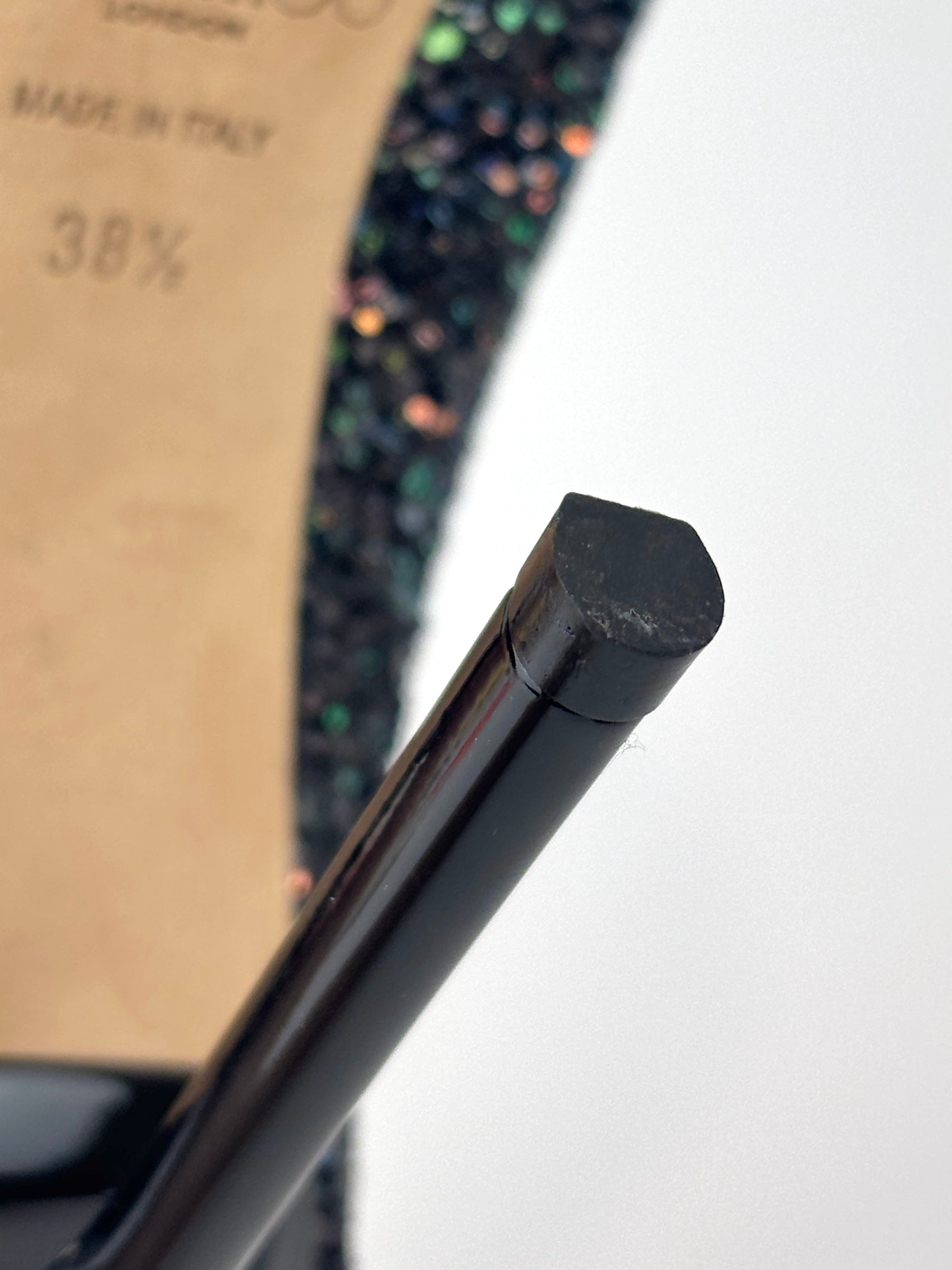 Jimmy Choo Romy 100 Rainbow Glitter Black Heels Size 38.5 – Glampot