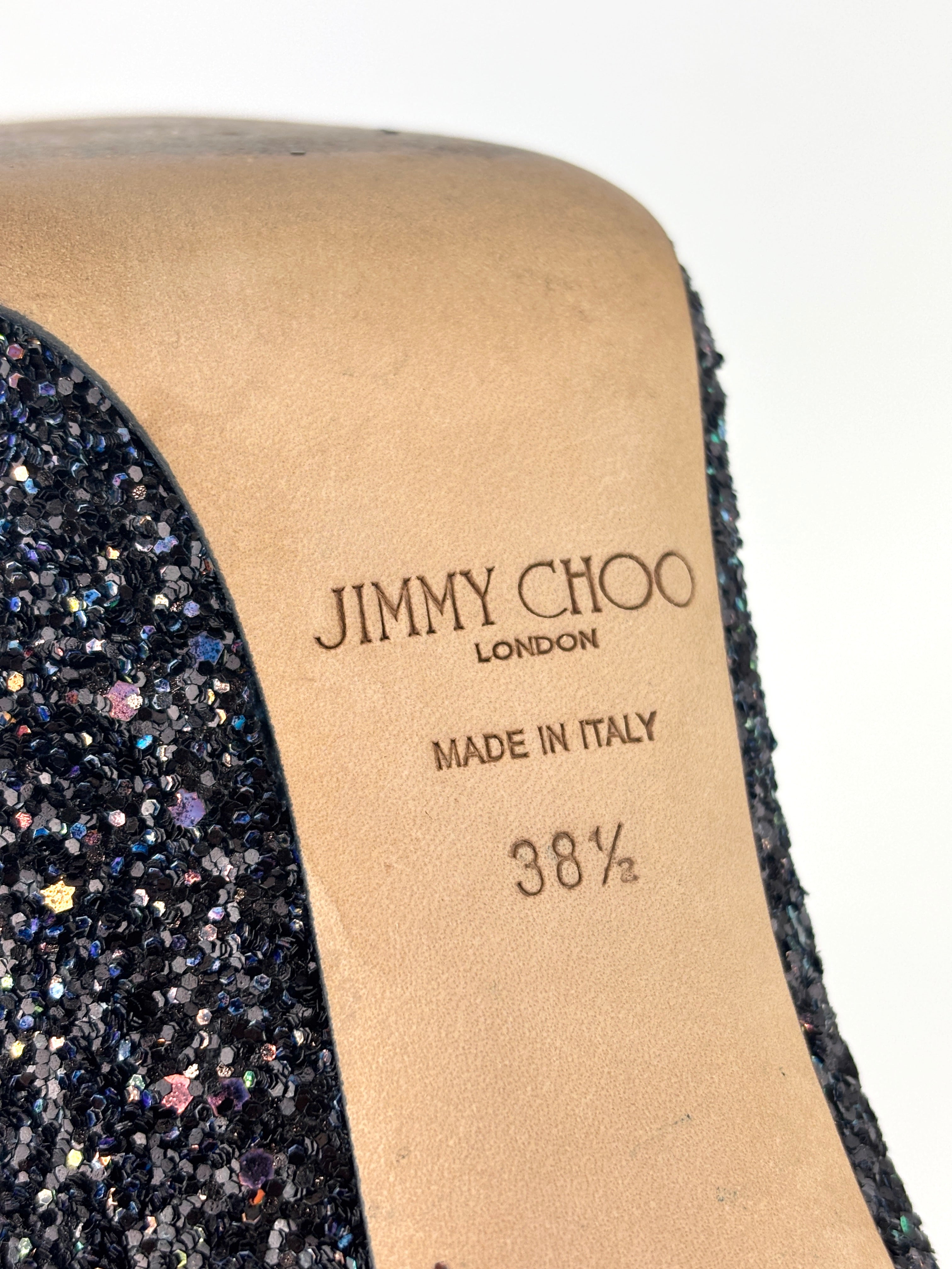 Jimmy Choo Romy 100 Rainbow Glitter Black Heels Size 38.5 – Glampot