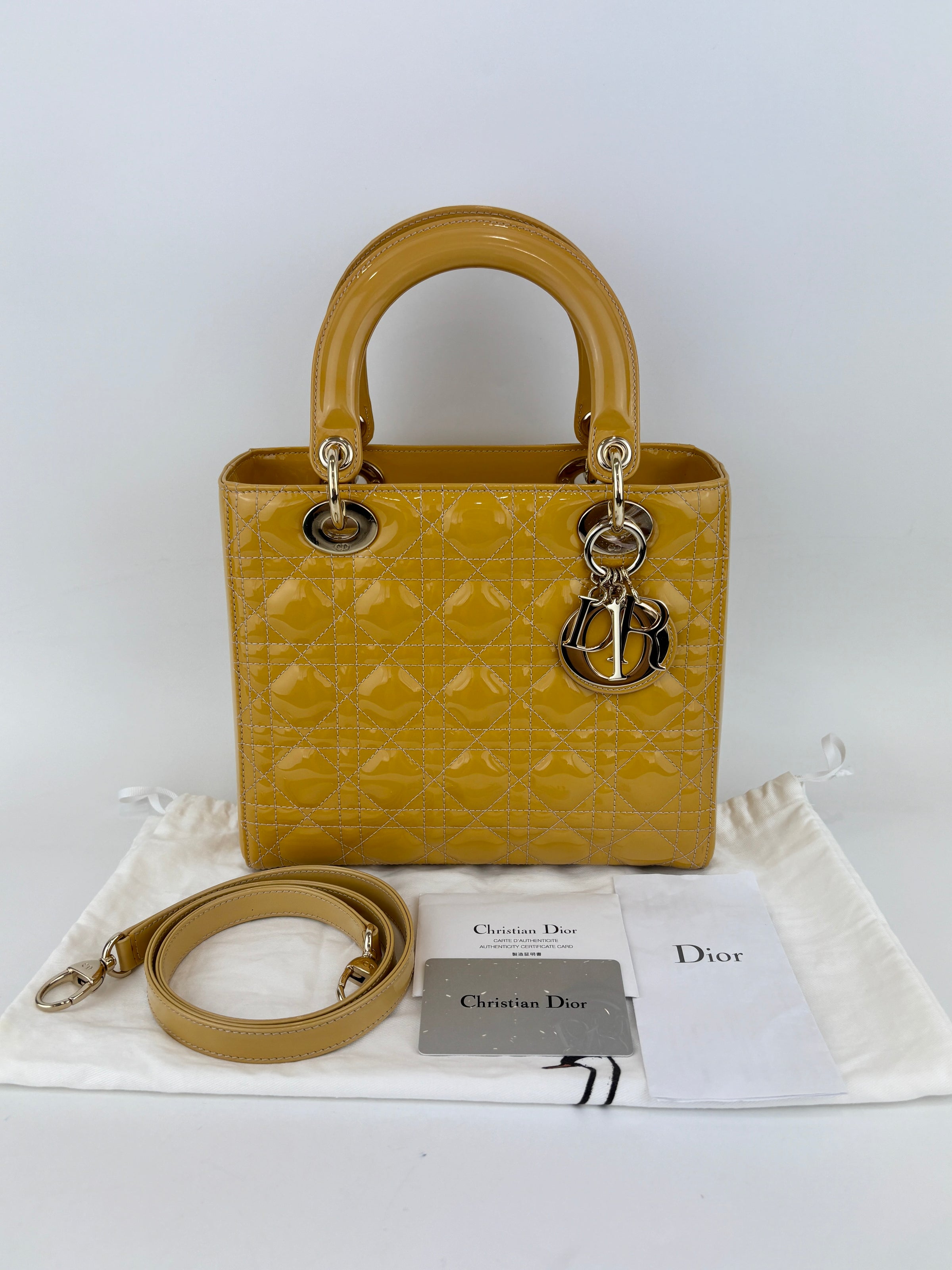 Dior Medium Lady Dior Patent Yellow GHW