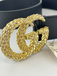 40mm Black Smooth Leather Wide Textured Double G Belt