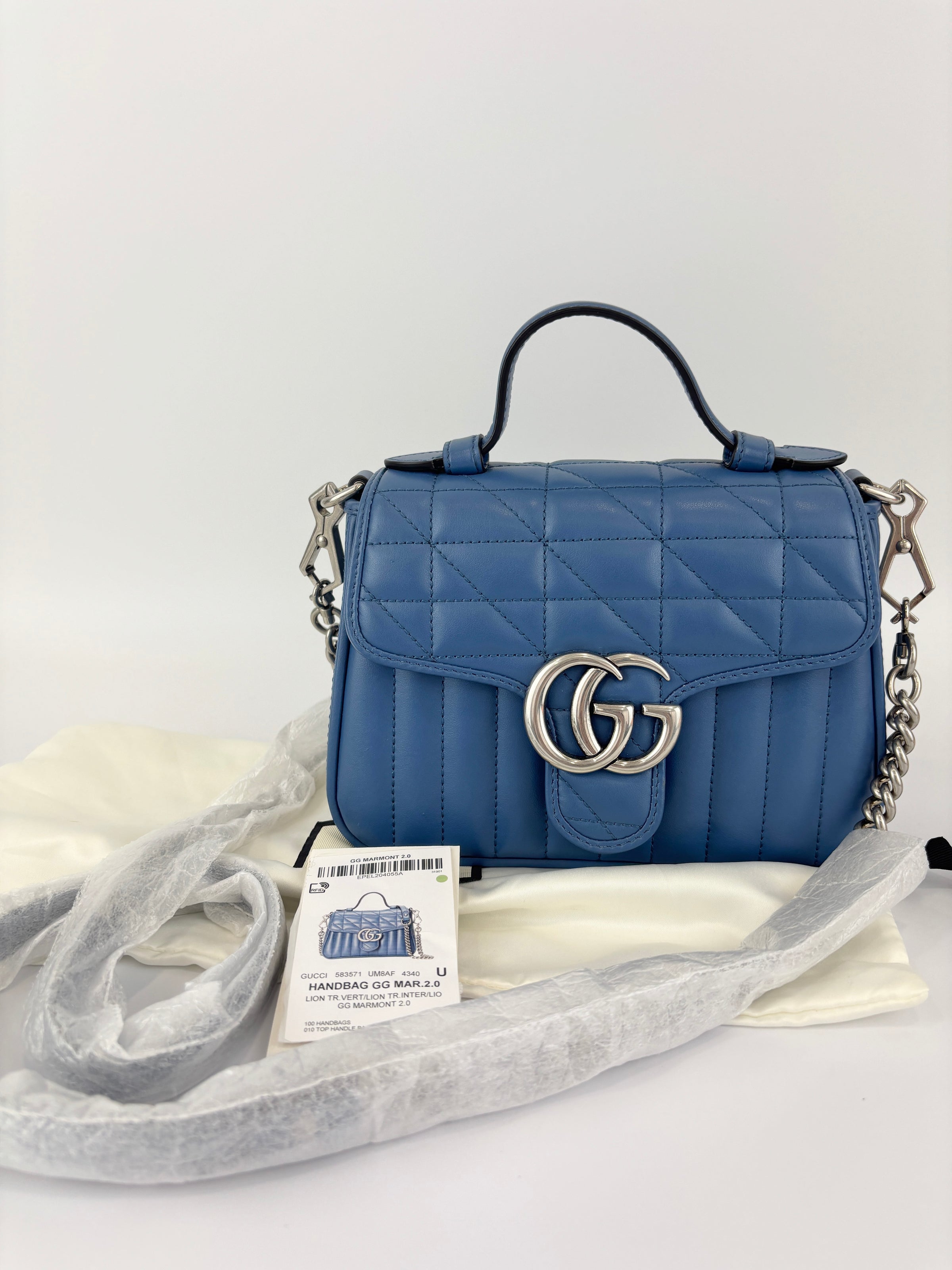 Blue Matelassé GG Marmont Top Handle Mini Tote Bag