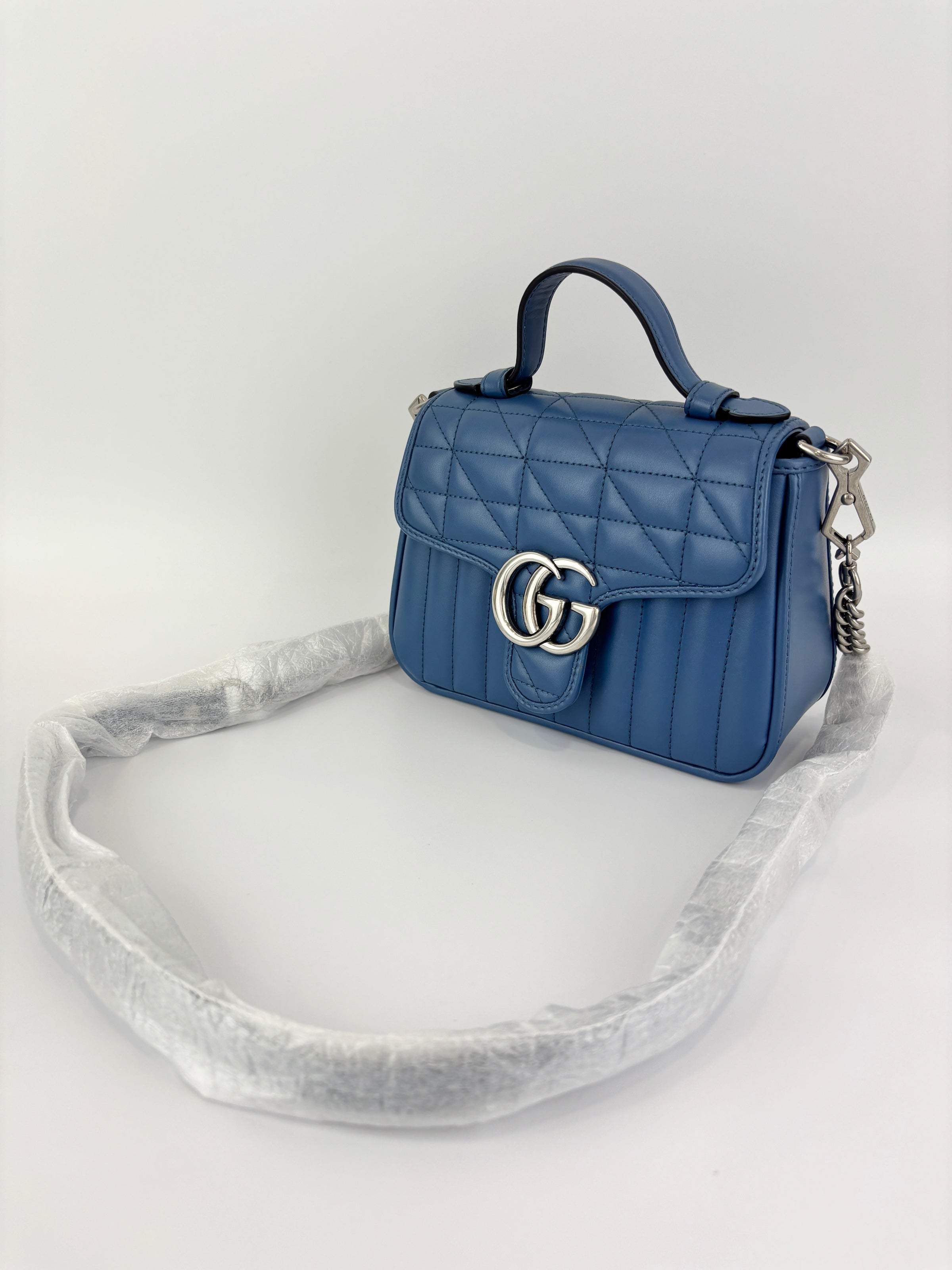 Blue Matelassé GG Marmont Top Handle Mini Tote Bag