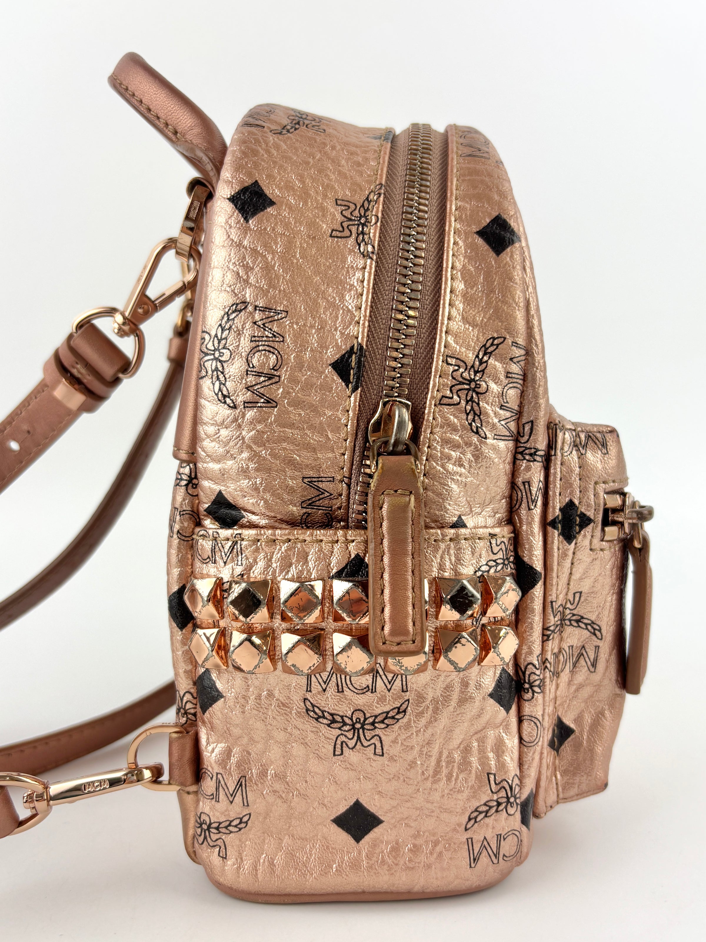 bebe mini backpack studded Metallic Visetos Studded X-Mini Bebe Bao Backpack Champagne Gold