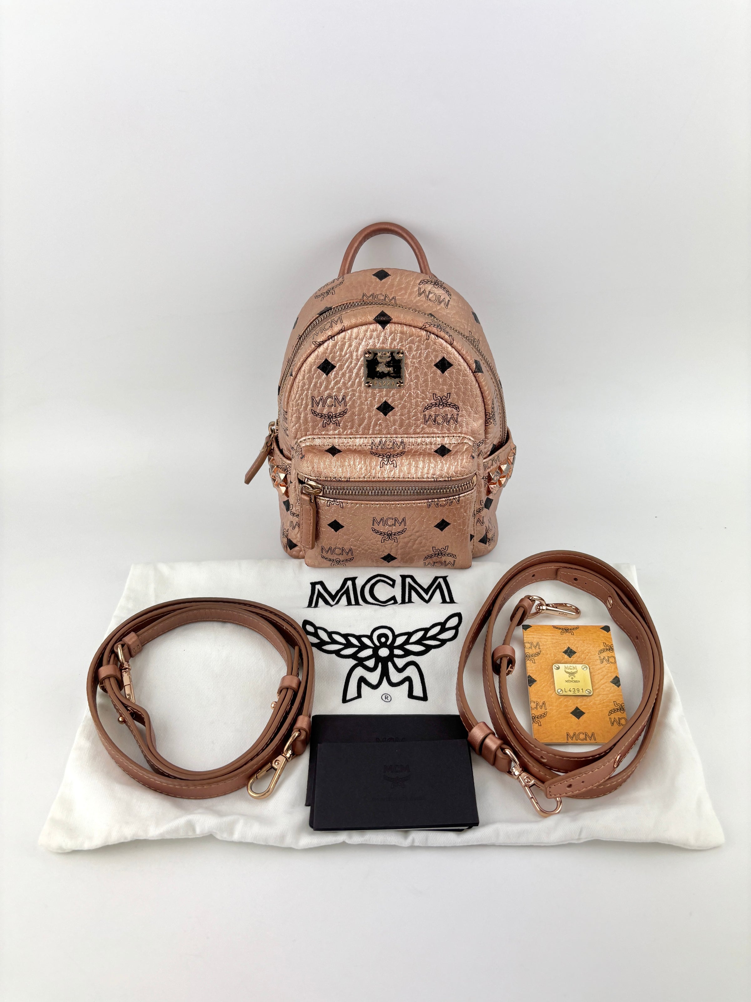 bebe mini backpack studded Metallic Visetos Studded X-Mini Bebe Bao Backpack Champagne Gold