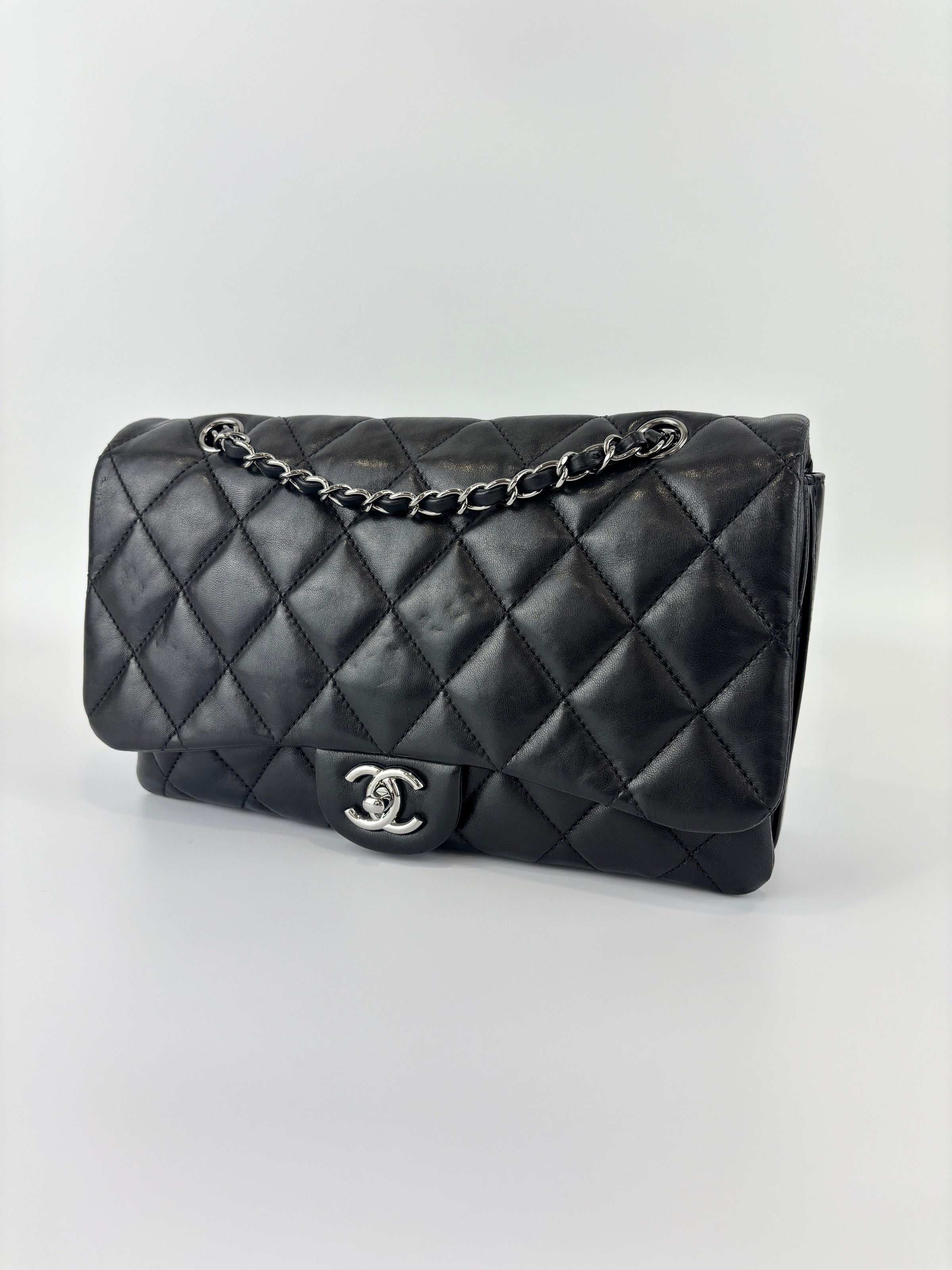 Black Quilted Lambskin Leather 3 Accordion Flap Bag SHW