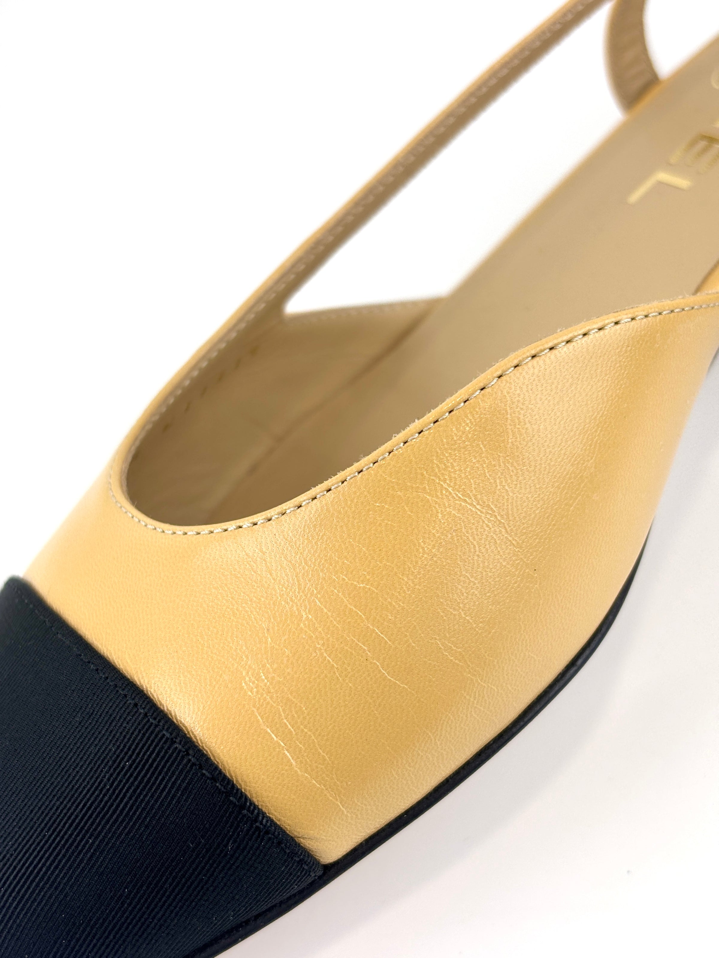 Goatskin & Grosgrain Slingbacks in Beige/Black Size 38C