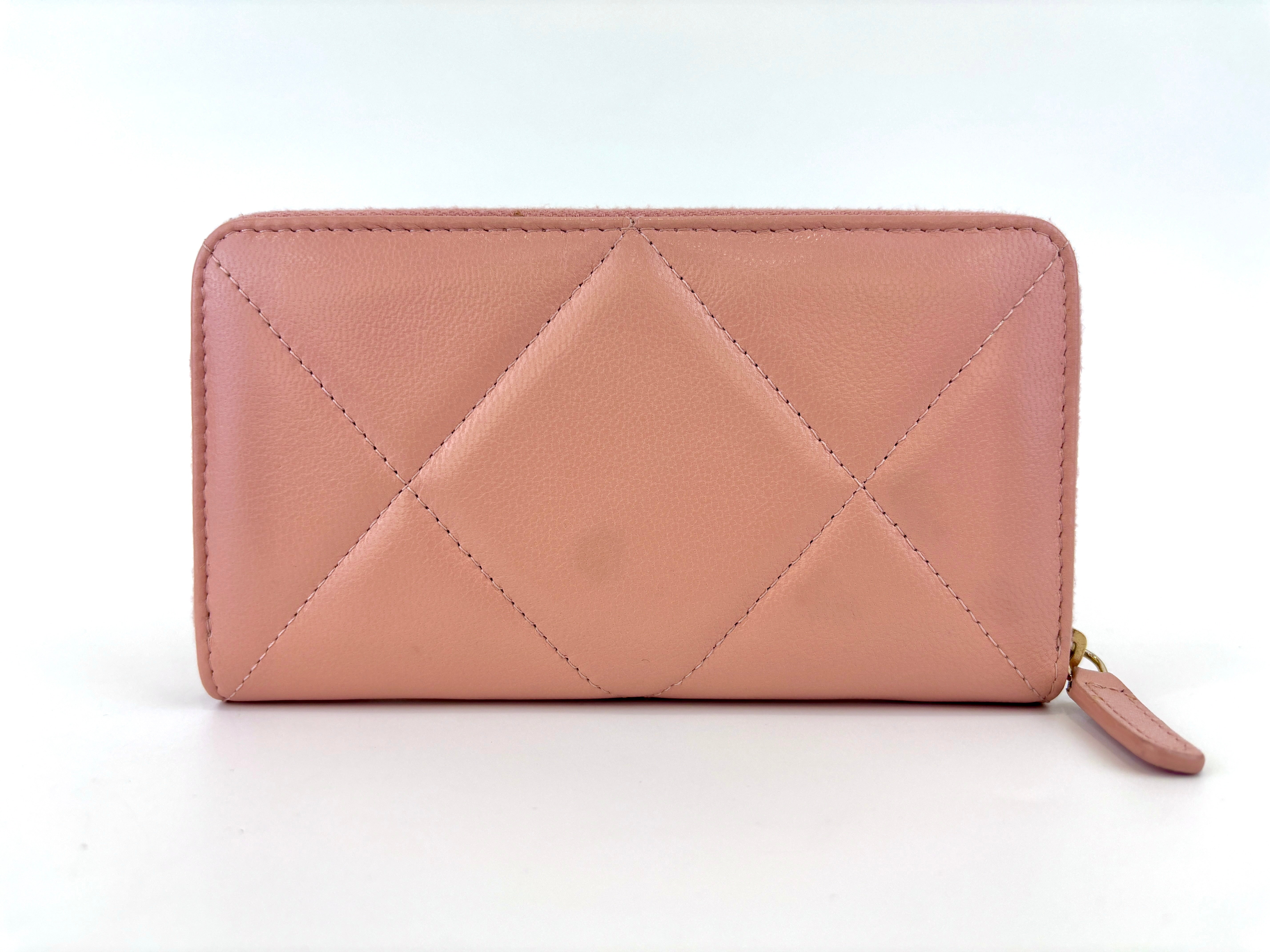 Chanel 19 Zip Wallet Quilted Lambskin Light Pink GHW | Glampot