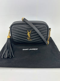 Saint Laurent Mini Lou Camera Bag in Black Chevron Quilted Grained Leather