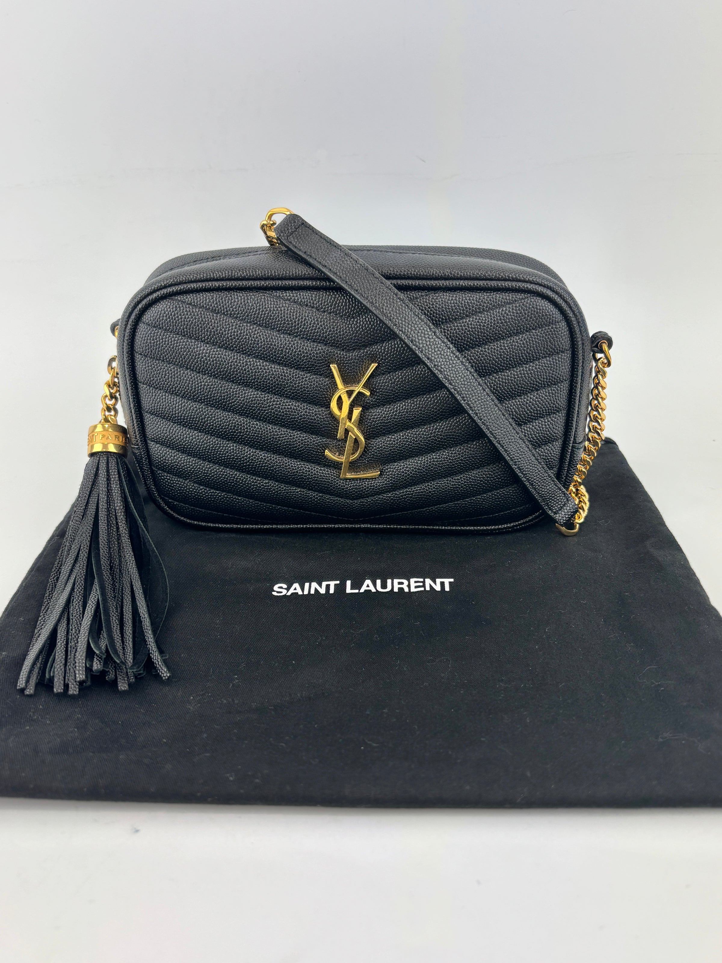 Saint Laurent Mini Lou Camera Bag in Black Chevron Quilted Grained Leather